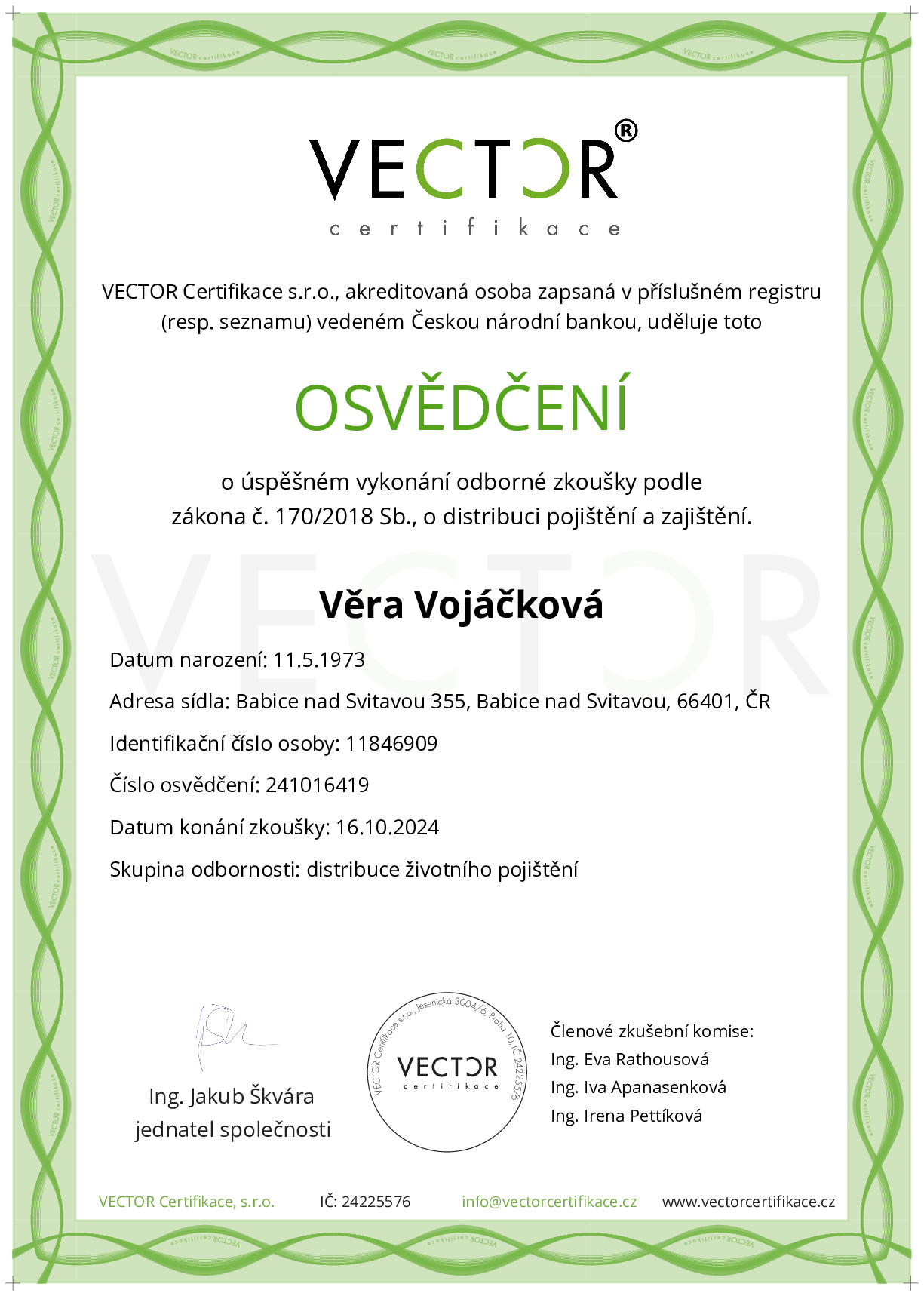 Osvědčení ze zkoušky: I. POJ-ZIV - Životní pojištění