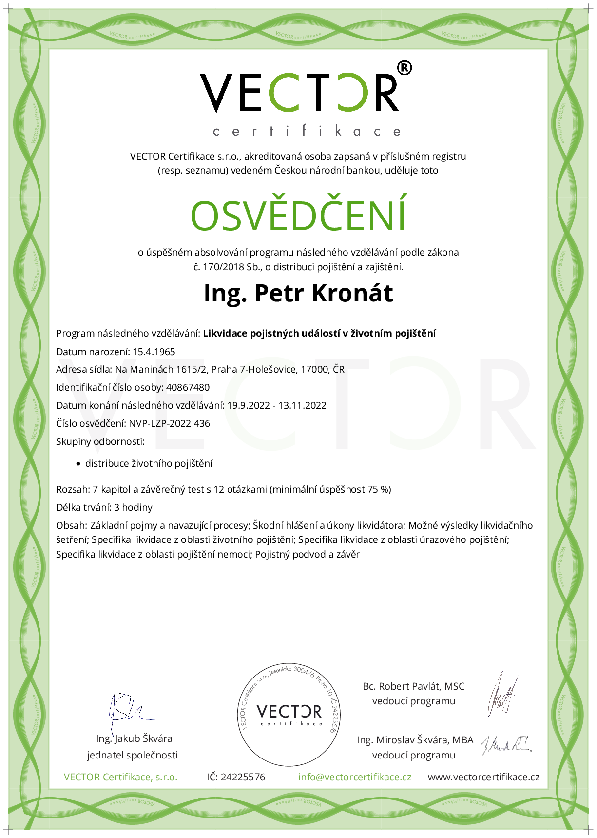 Osvědčení kurzu: Likvidace pojistných událostí v životním pojištění (NVP-LZP-2022)