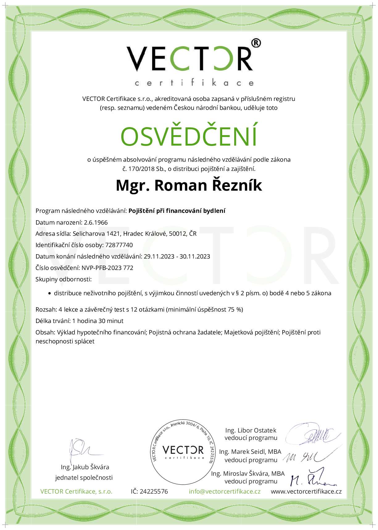 Osvědčení kurzu: Pojištění při financování bydlení (NVP-PFB-2023)