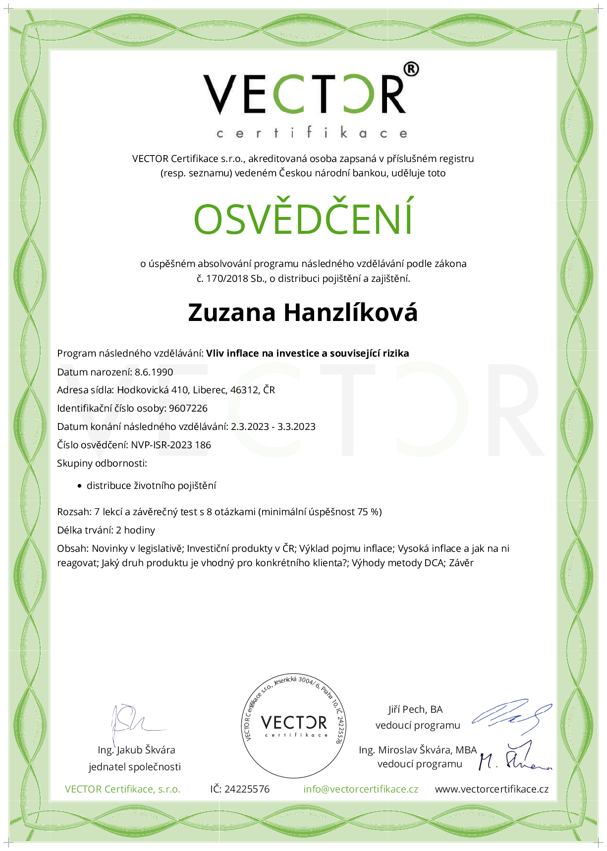 Osvědčení kurzu: Vliv inflace na investice a související rizika (NVP-ISR-2023)