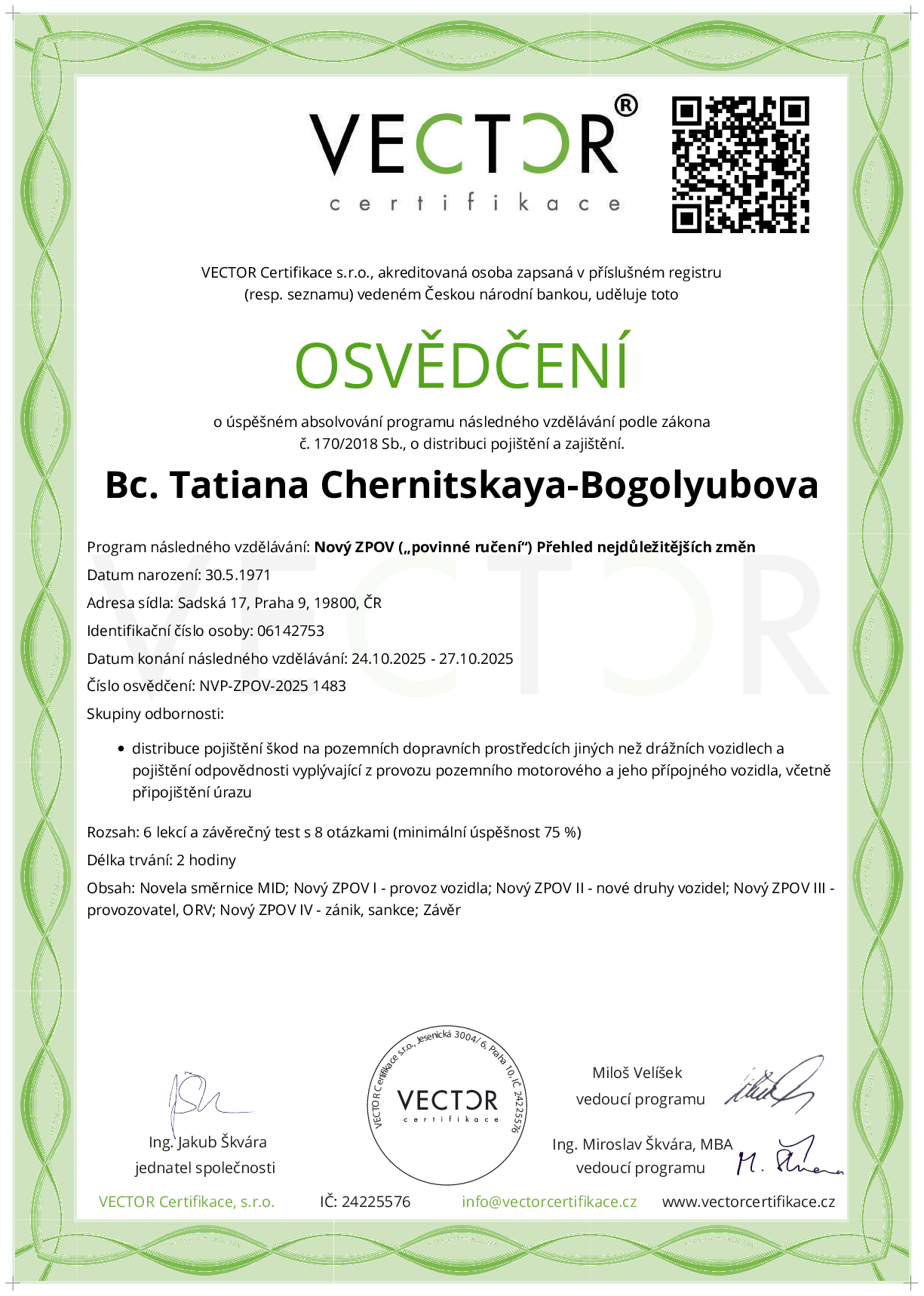 Osvědčení kurzu: Nový ZPOV („povinné ručení“) Přehled nejdůležitějších změn (NVP-ZPOV-2025)