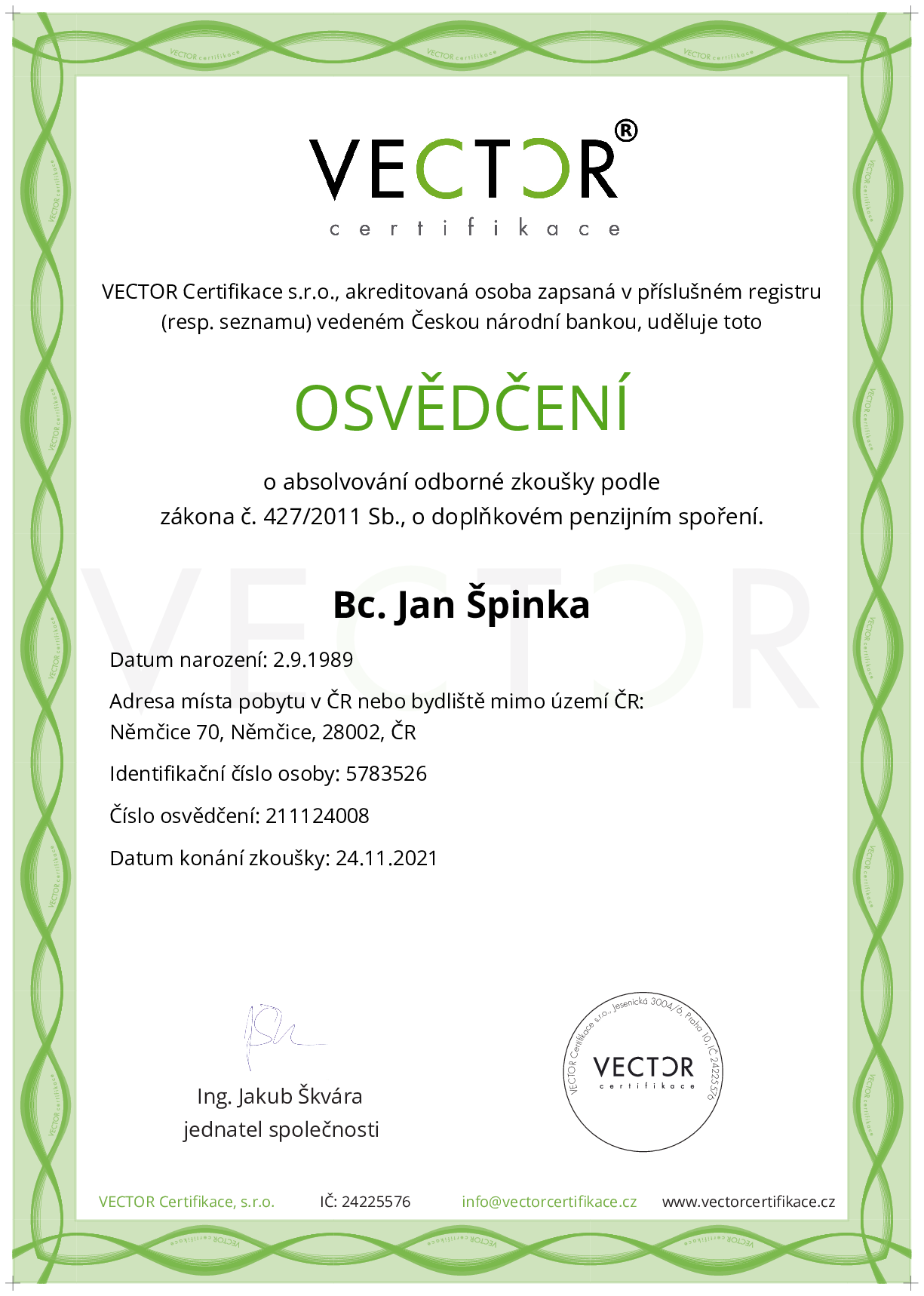 Osvědčení ze zkoušky: DPS - Doplňkové penzijní spoření