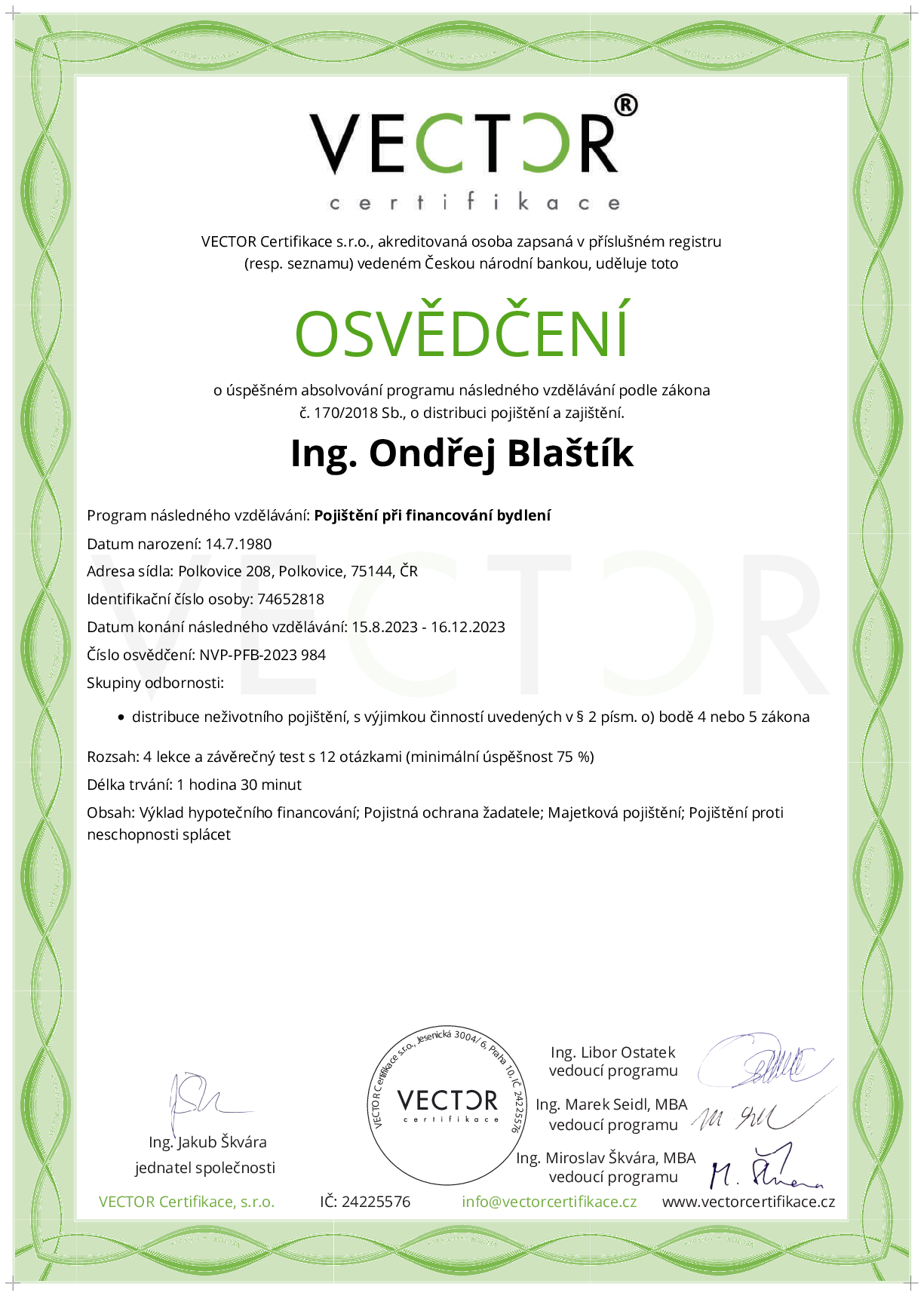 Osvědčení kurzu: Pojištění při financování bydlení (NVP-PFB-2023)