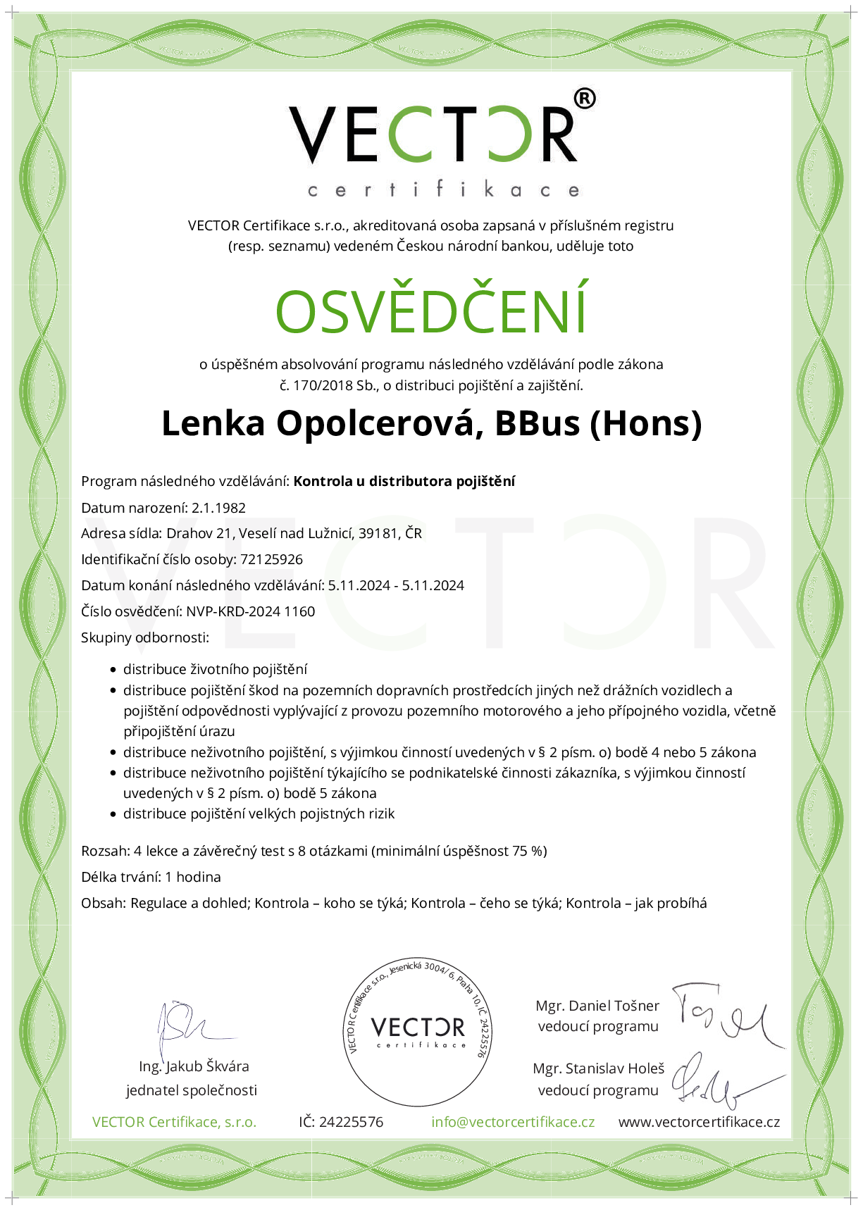Osvědčení kurzu: Kontrola u distributora pojištění (NVP-KRD-2024)