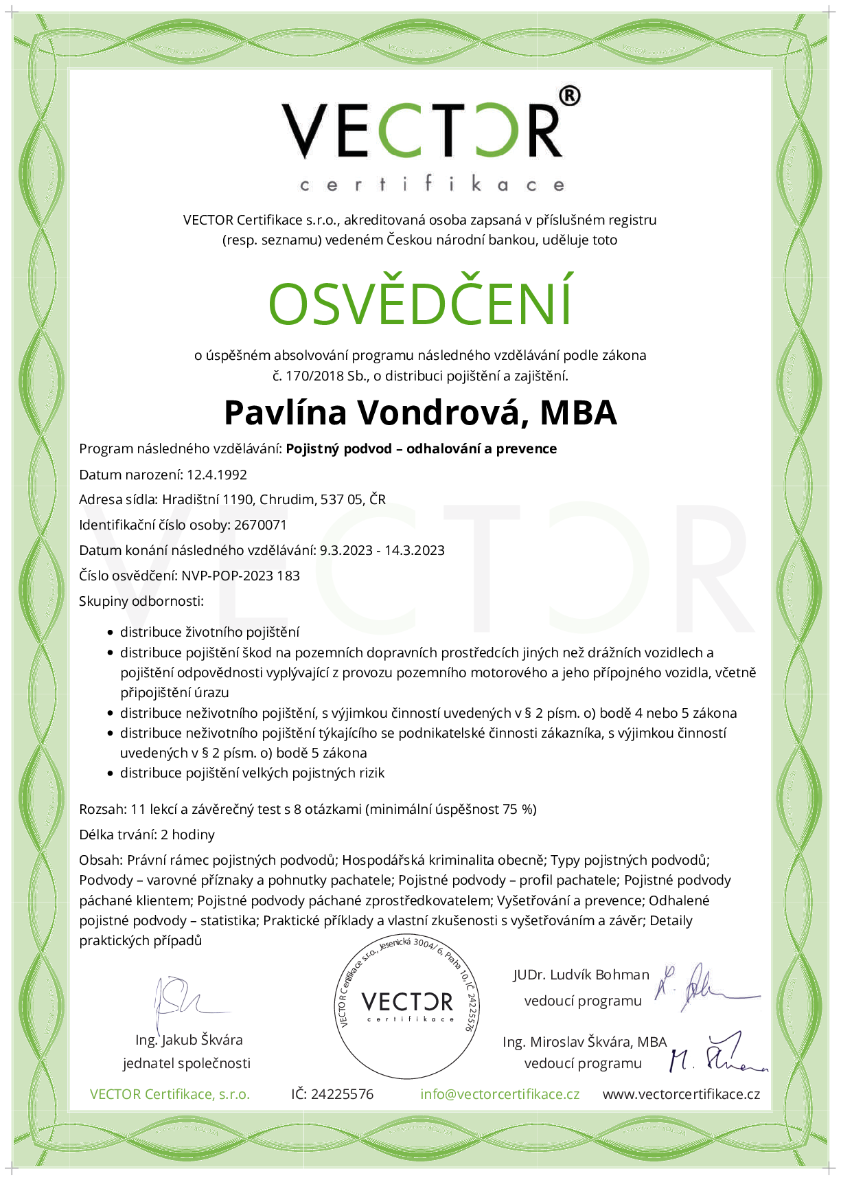 Osvědčení kurzu: Pojistný podvod – odhalování a prevence (NVP-POP-2023)