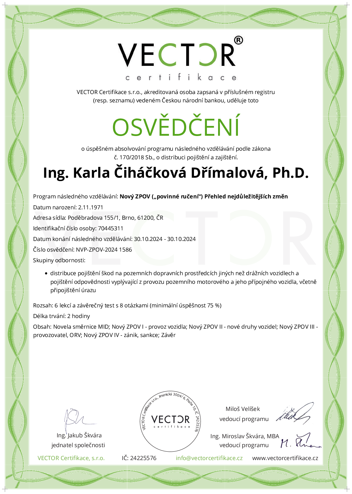 Osvědčení kurzu: Nový ZPOV („povinné ručení“) Přehled nejdůležitějších změn (NVP-ZPOV-2024)