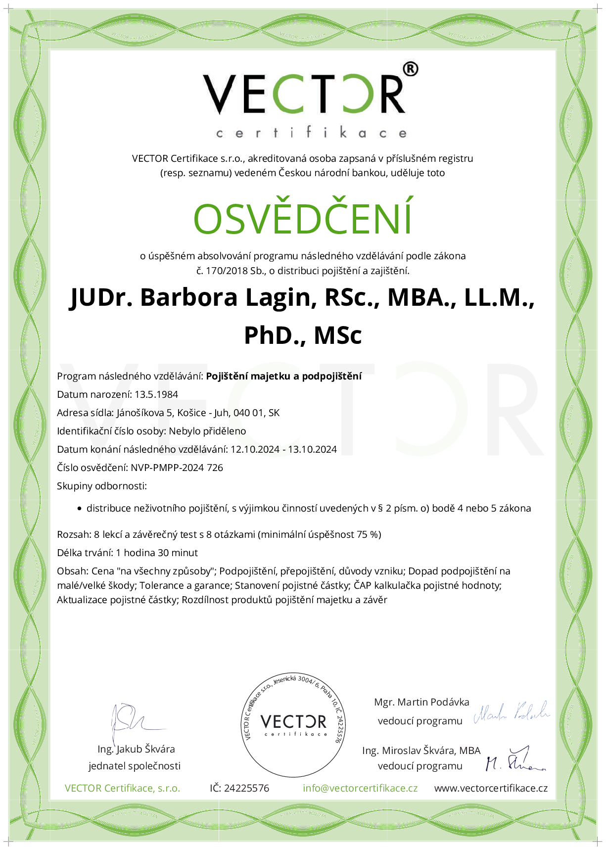 Osvědčení kurzu: Pojištění majetku a podpojištění (NVP-PMPP-2024)