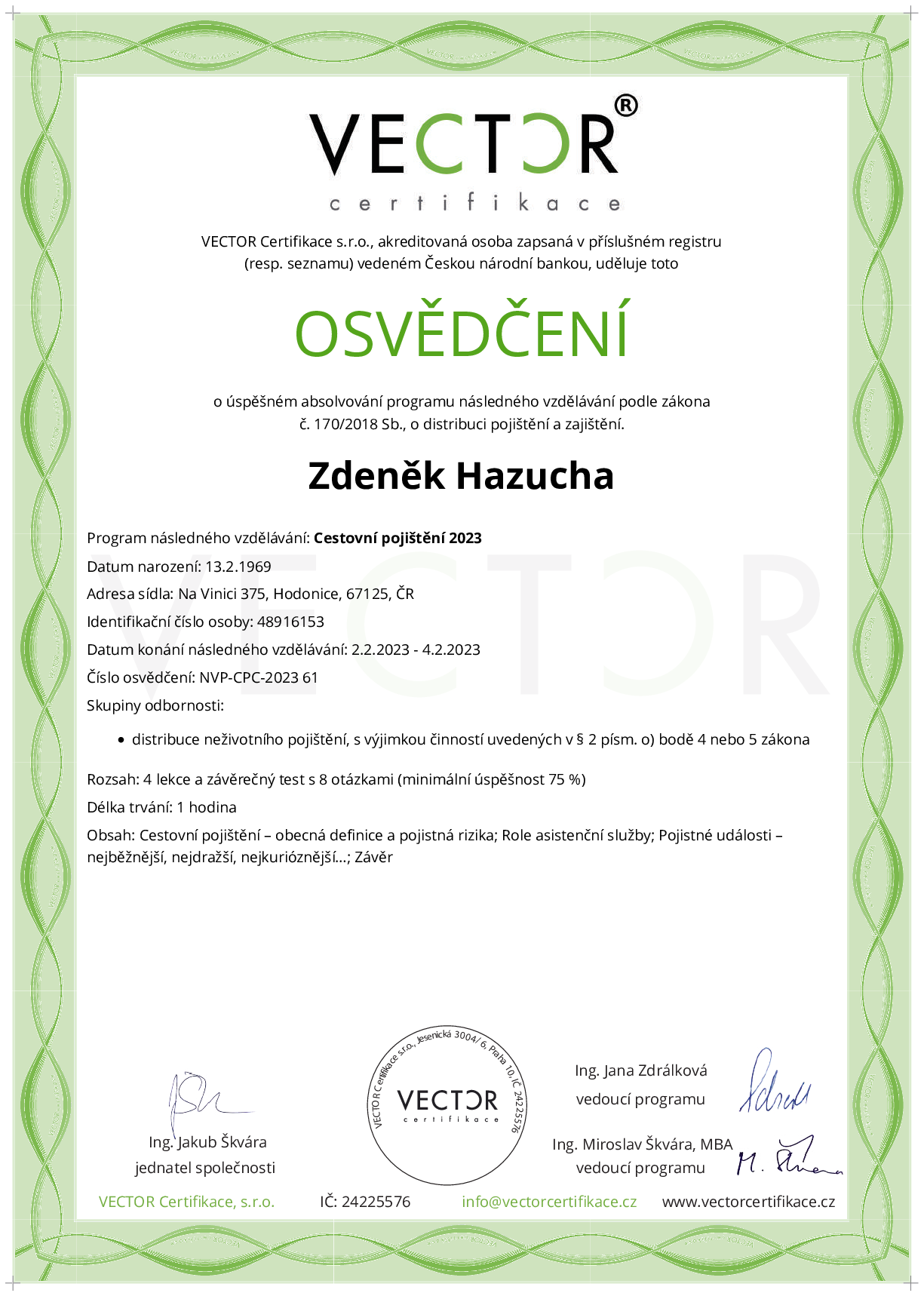 Osvědčení kurzu: Cestovní pojištění 2023 (NVP-CPC-2023)