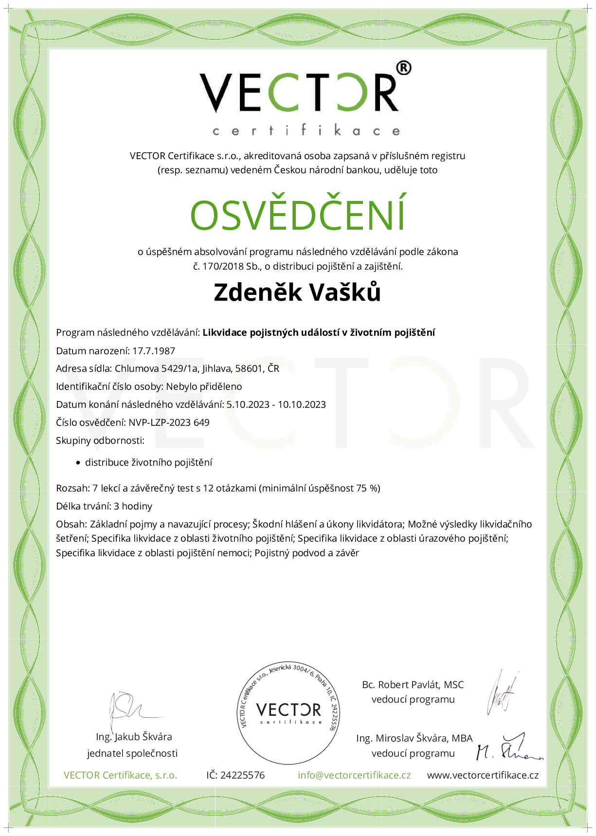 Osvědčení kurzu: Likvidace pojistných událostí v životním pojištění (NVP-LZP-2023)
