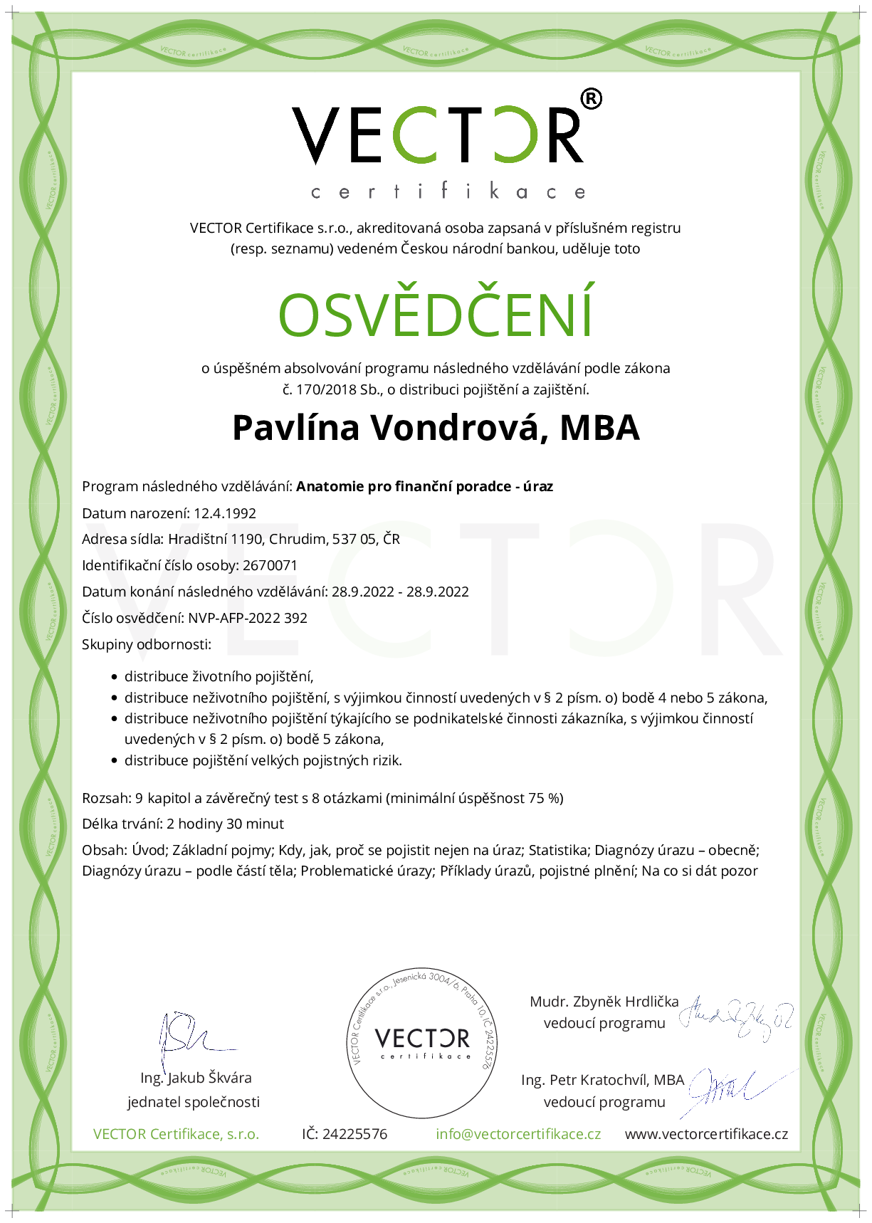 Osvědčení kurzu: Anatomie pro finanční poradce - úraz (NVP-AFP-2022)