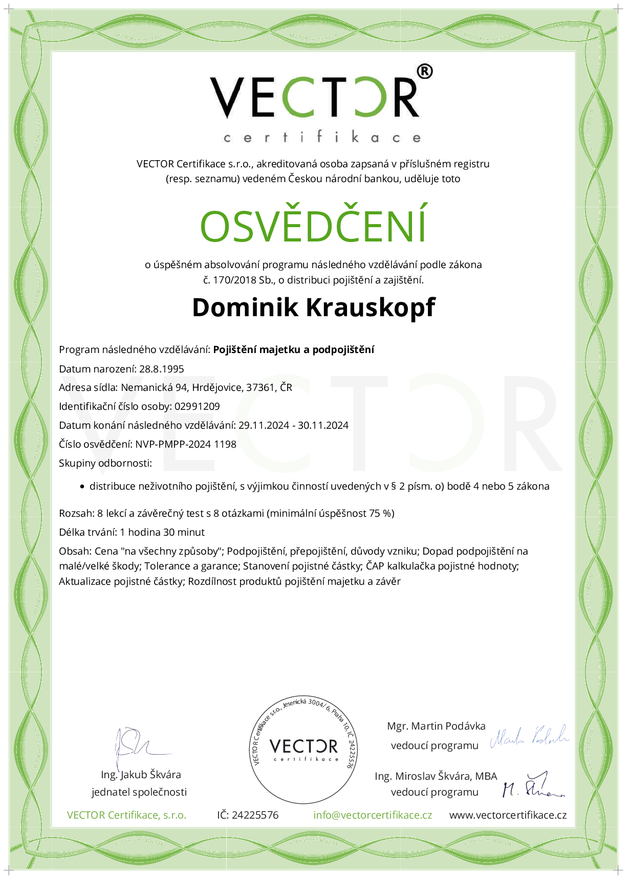 Osvědčení kurzu: Pojištění majetku a podpojištění (NVP-PMPP-2024)