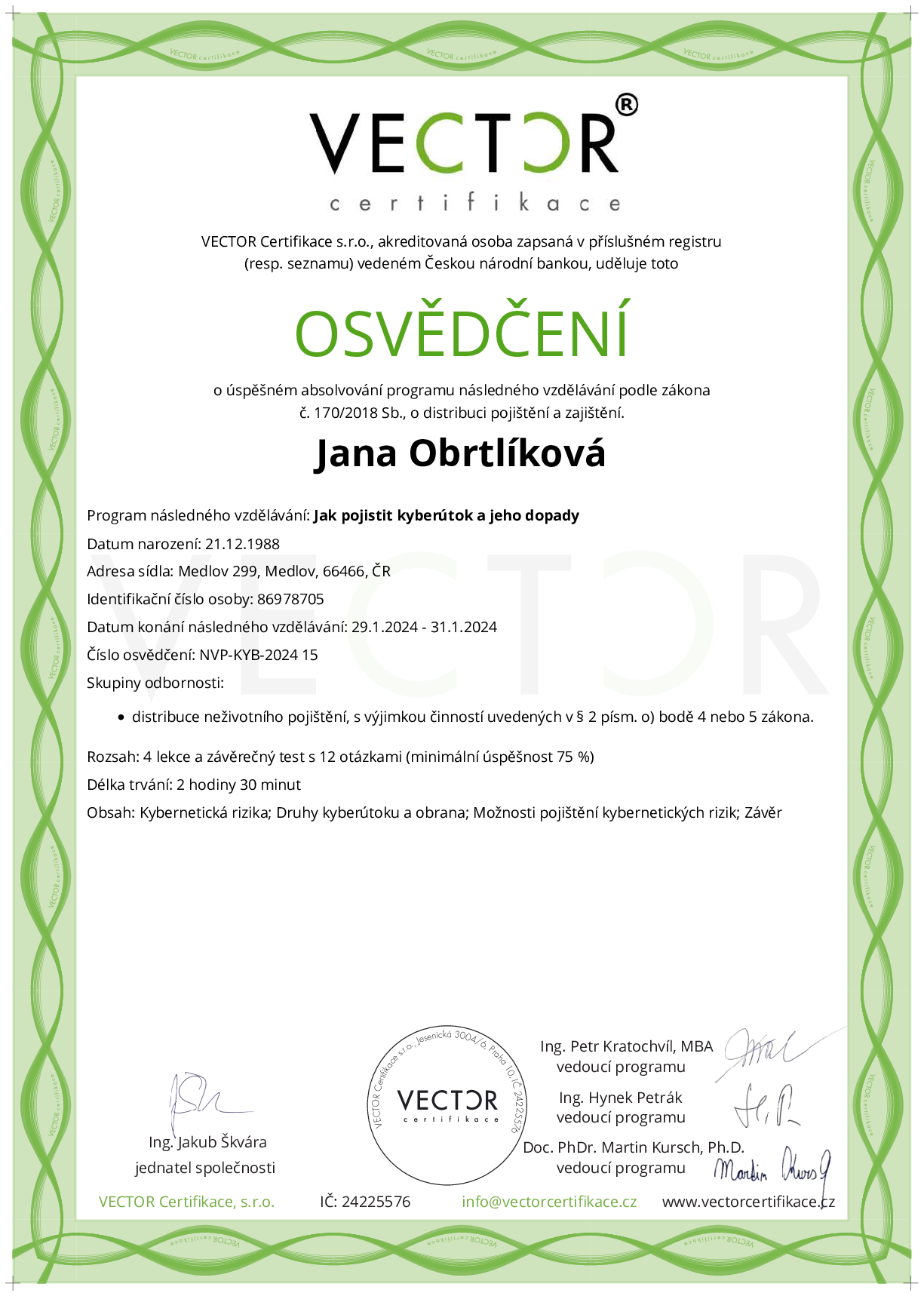 Osvědčení kurzu: Jak pojistit kyberútok a jeho dopady (NVP-KYB-2024)