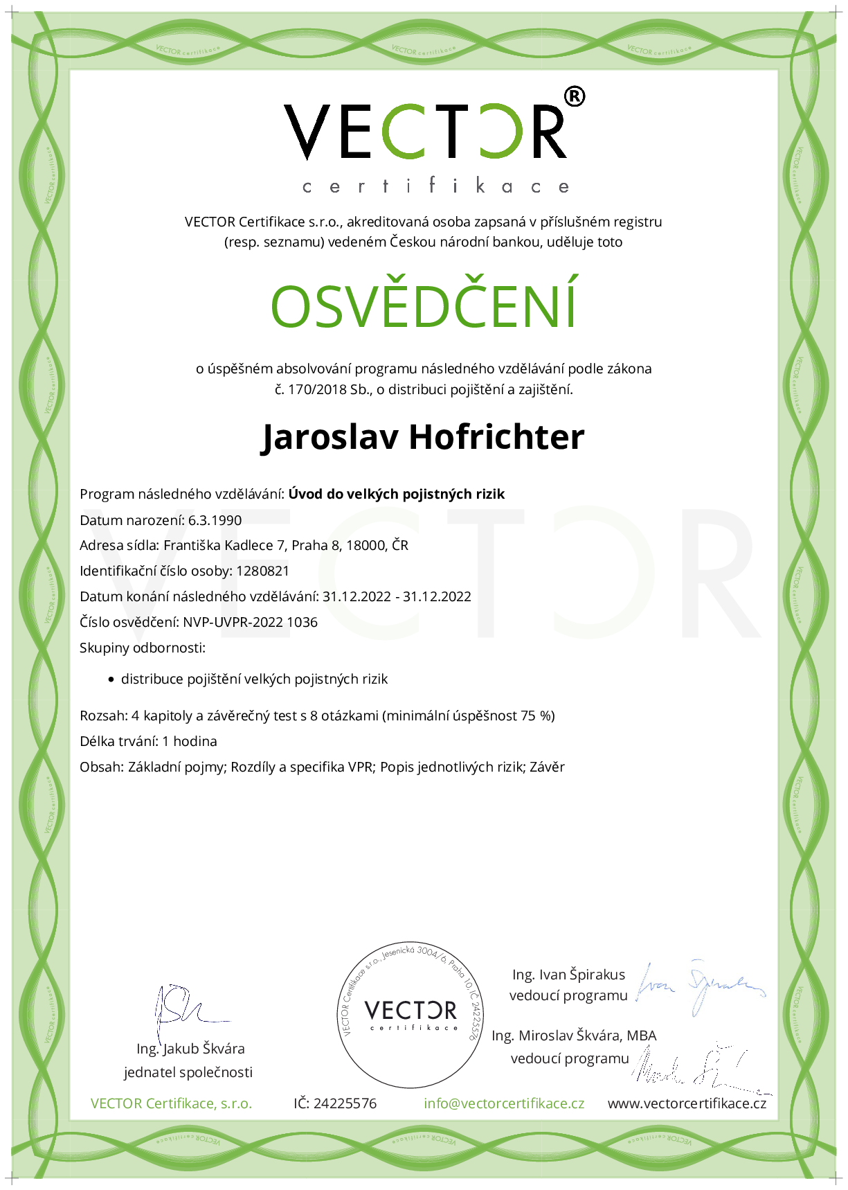 Osvědčení kurzu: Úvod do velkých pojistných rizik (NVP-UVPR-2022)
