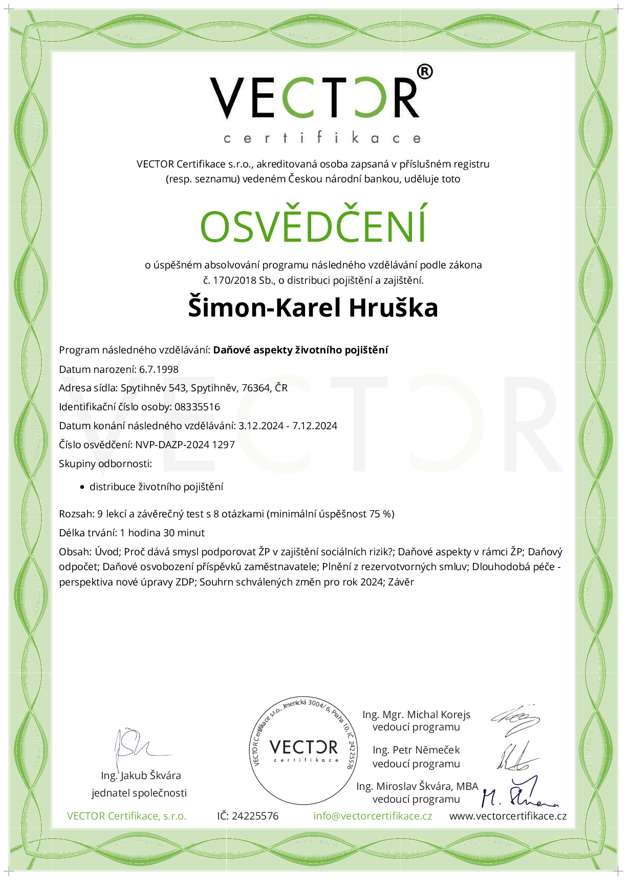 Osvědčení kurzu: Daňové aspekty životního pojištění (NVP-DAZP-2024)