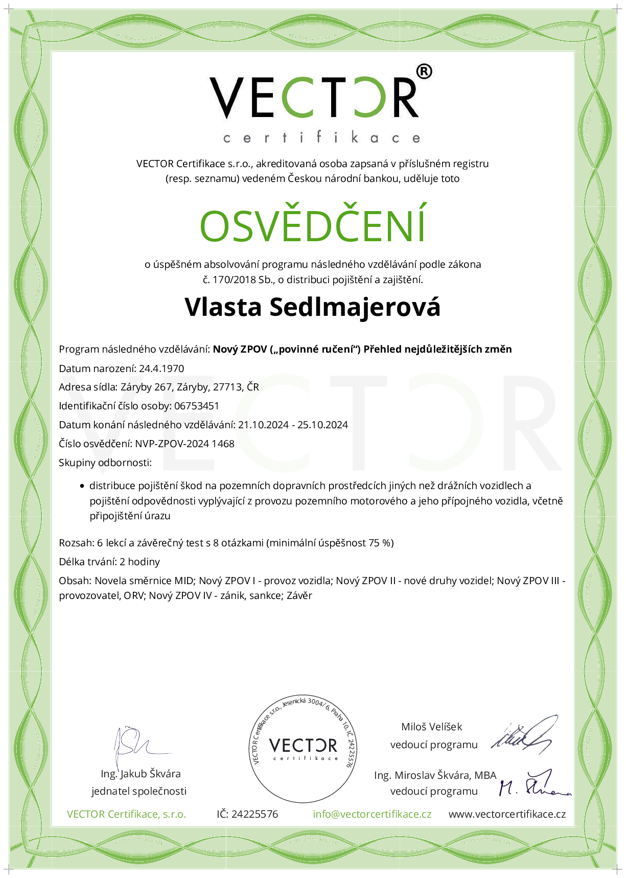 Osvědčení kurzu: Nový ZPOV („povinné ručení“) Přehled nejdůležitějších změn (NVP-ZPOV-2024)