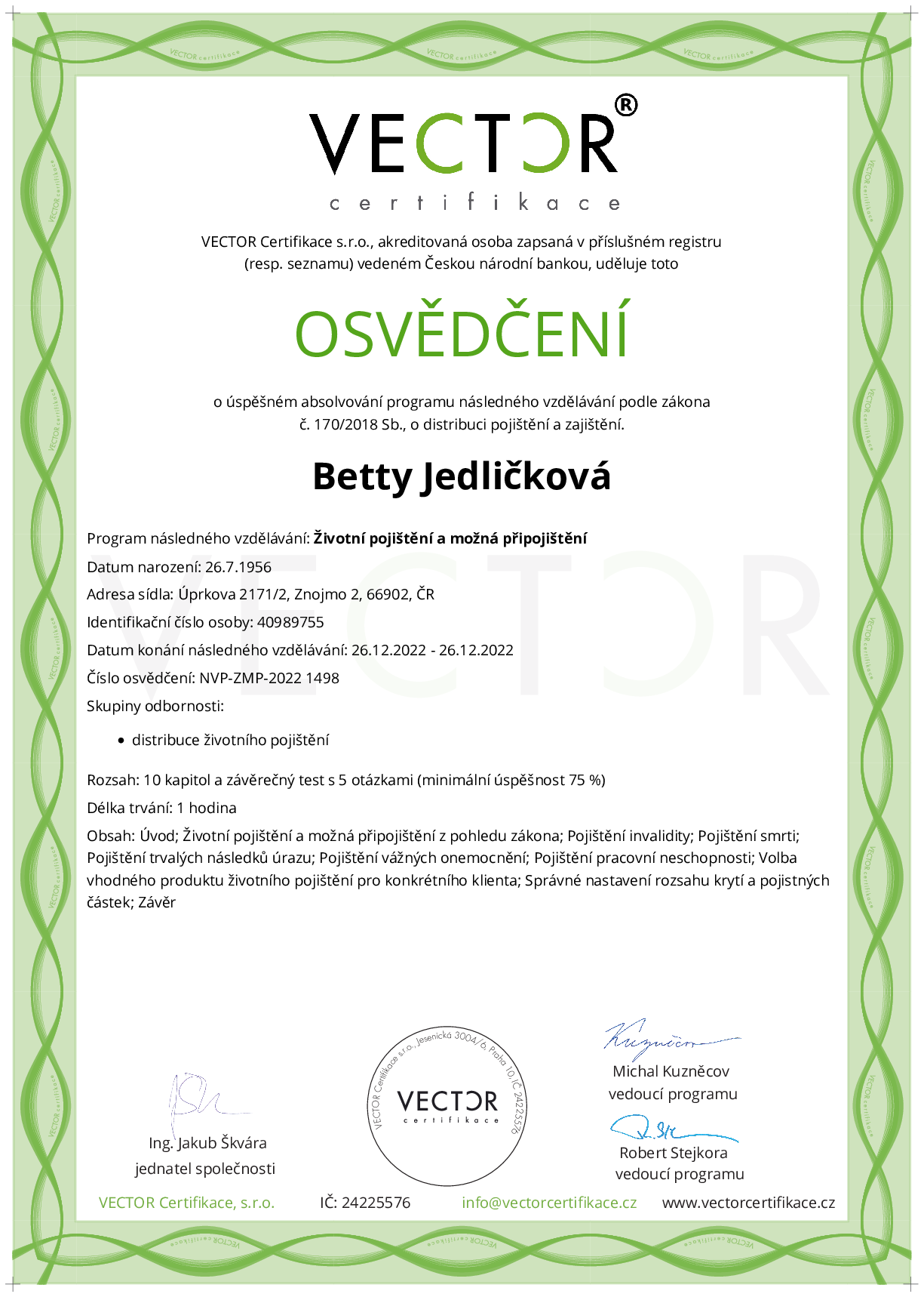 Osvědčení kurzu: Životní pojištění a možná připojištění (NVP-ZMP-2022)