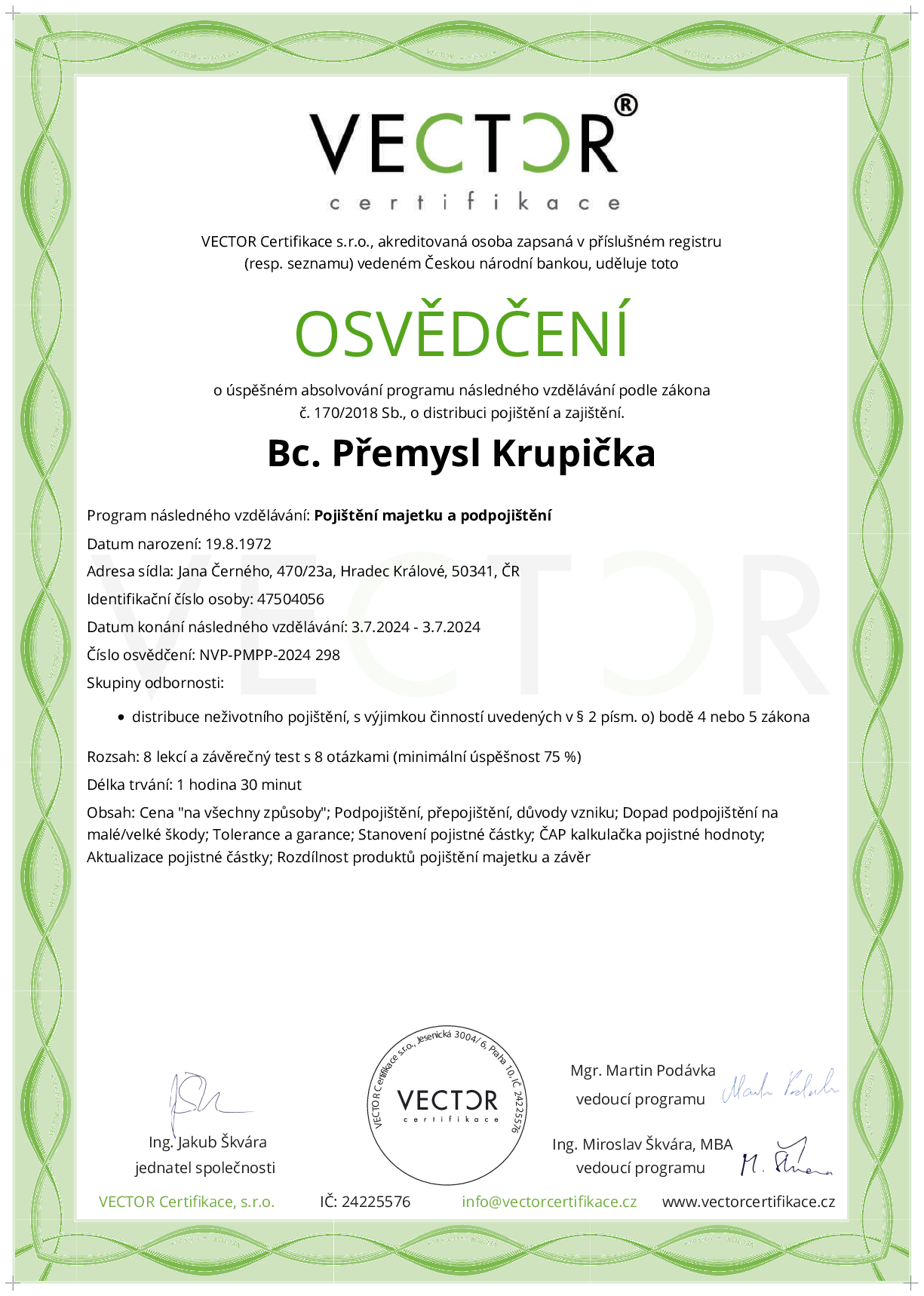 Osvědčení kurzu: Pojištění majetku a podpojištění (NVP-PMPP-2024)