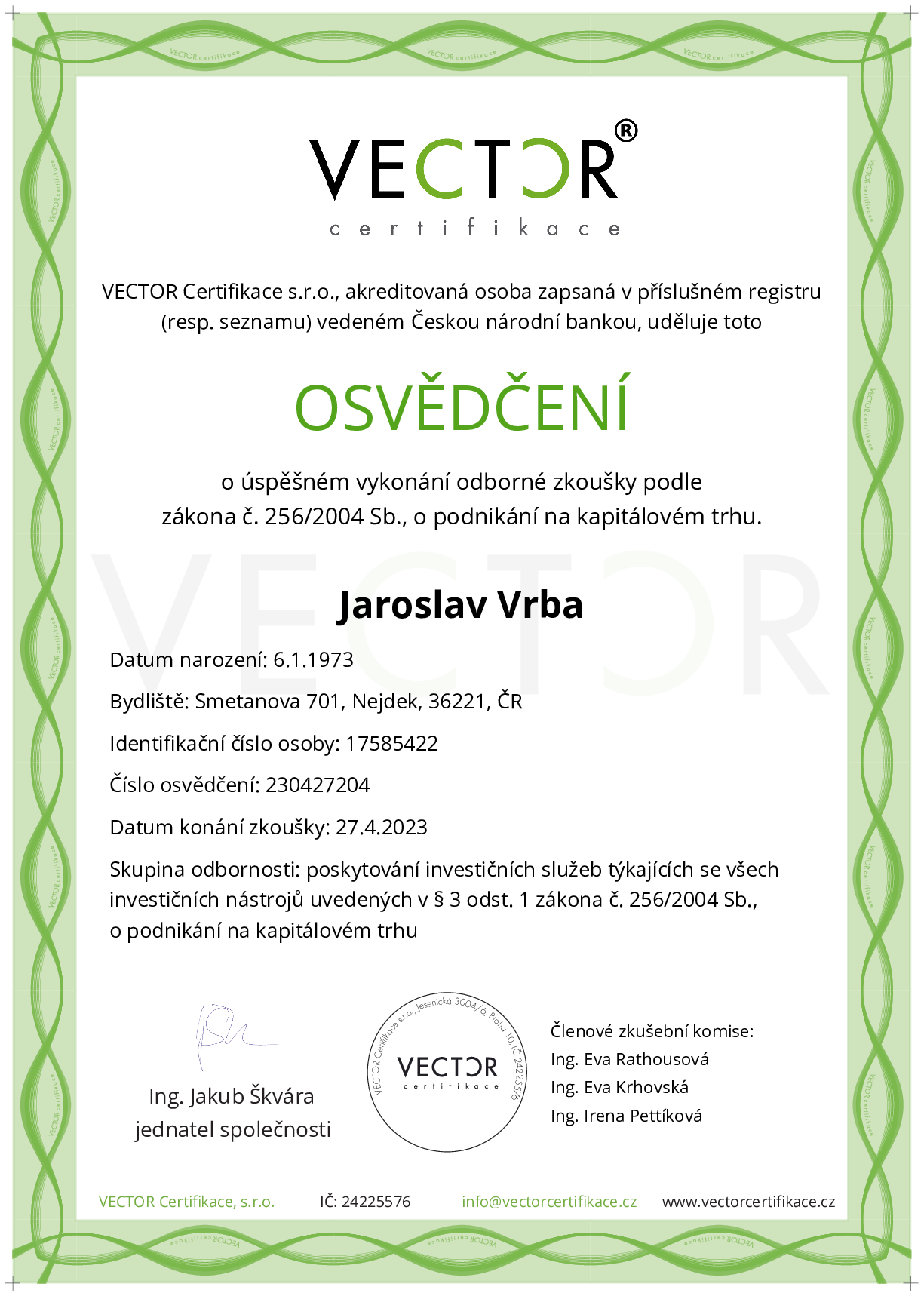 Osvědčení ze zkoušky: II. INV-ABC - Souhrnná zkouška pro všechny investiční nástroje