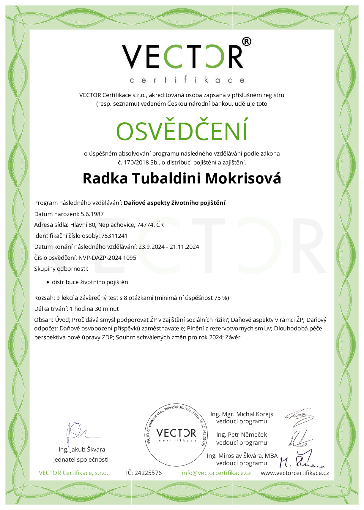 Osvědčení kurzu: Daňové aspekty životního pojištění (NVP-DAZP-2024)