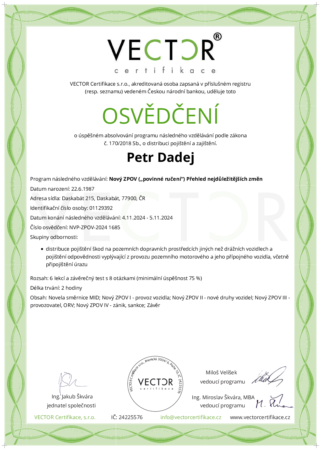 Osvědčení kurzu: Nový ZPOV („povinné ručení“) Přehled nejdůležitějších změn (NVP-ZPOV-2024)