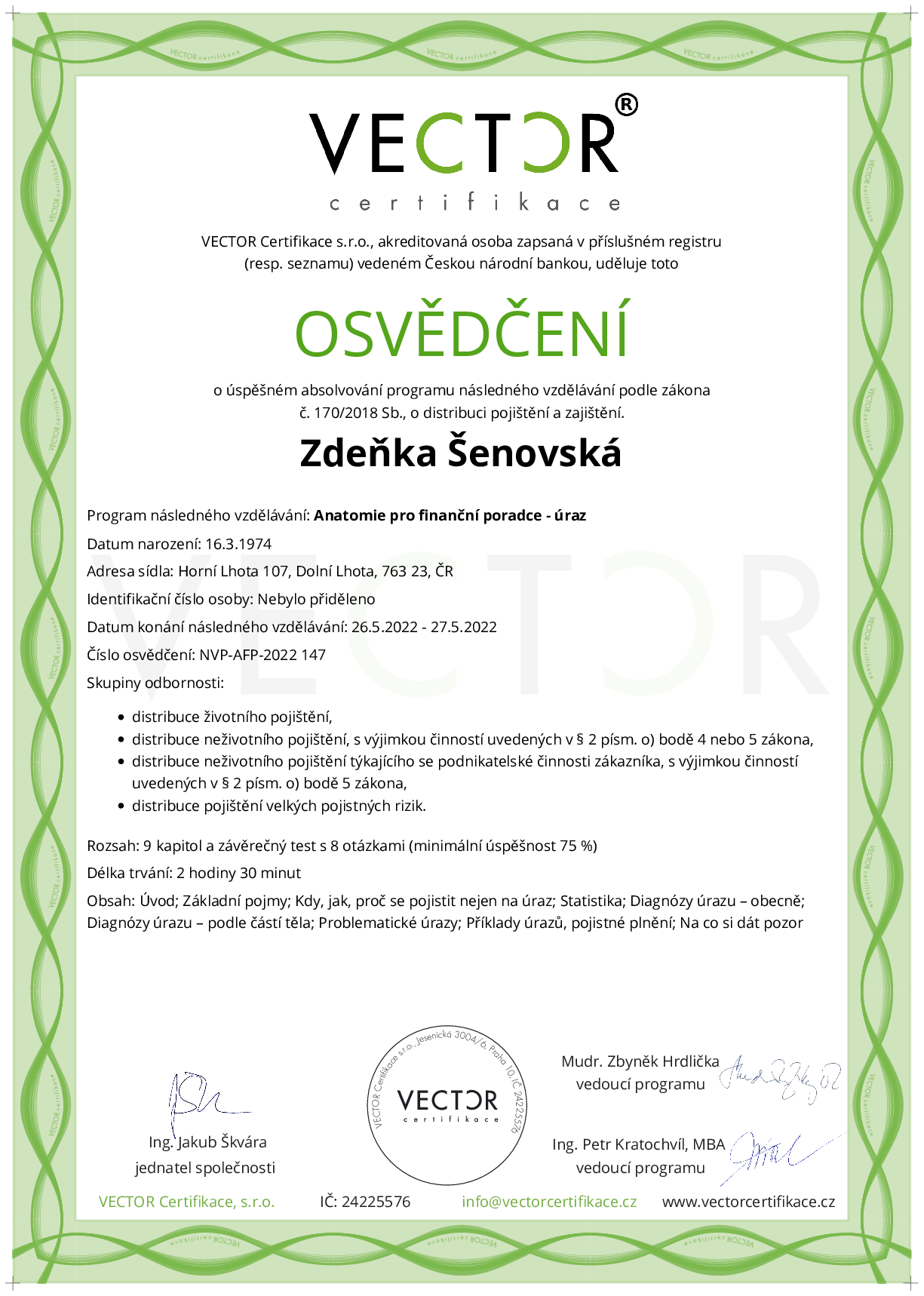 Osvědčení kurzu: Anatomie pro finanční poradce - úraz (NVP-AFP-2022)