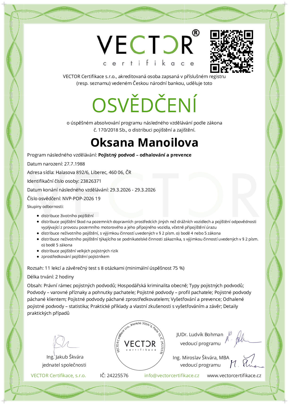 Osvědčení kurzu: Pojistný podvod – odhalování a prevence (NVP-POP-2026)