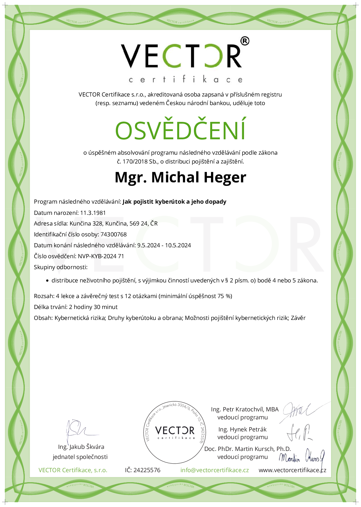 Osvědčení kurzu: Jak pojistit kyberútok a jeho dopady (NVP-KYB-2024)