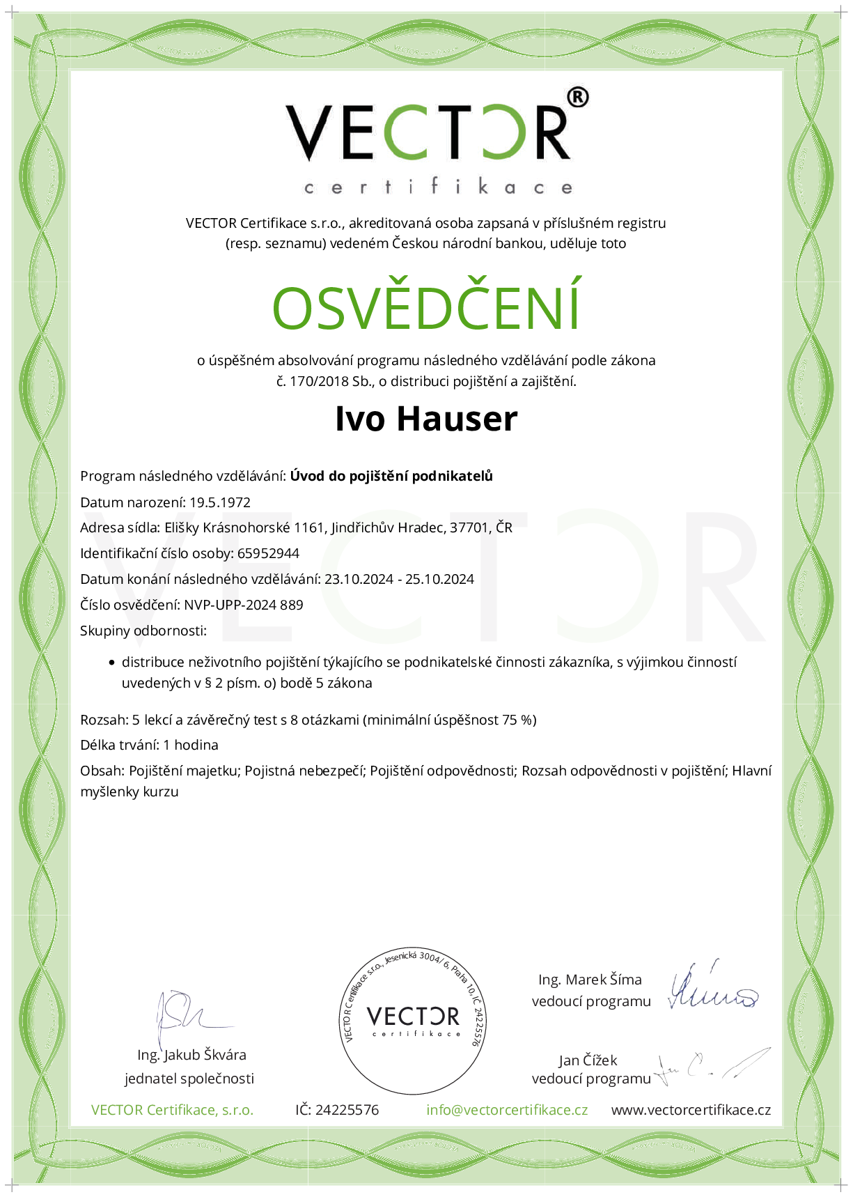 Osvědčení kurzu: Úvod do pojištění podnikatelů (NVP-UPP-2024)