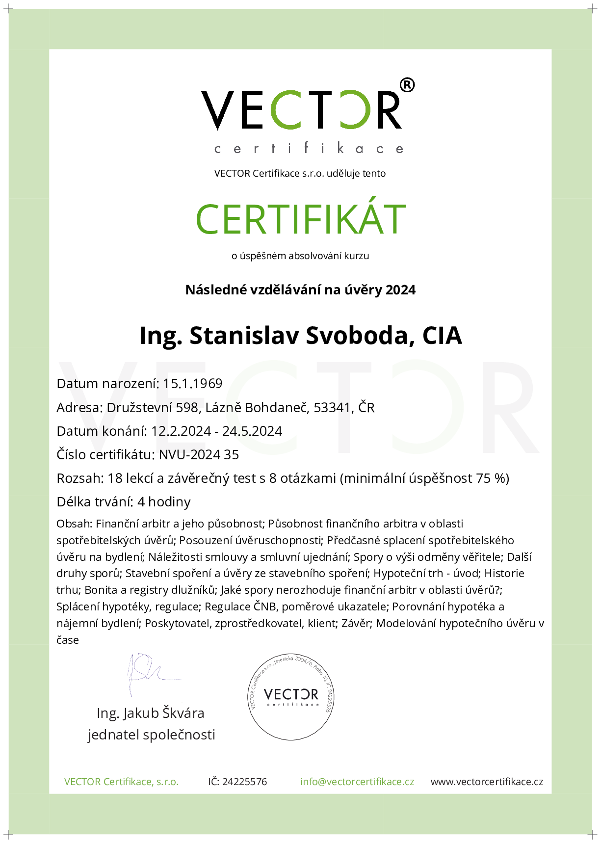 Osvědčení kurzu: Následné vzdělávání na úvěry 2024 (NVU-2024)