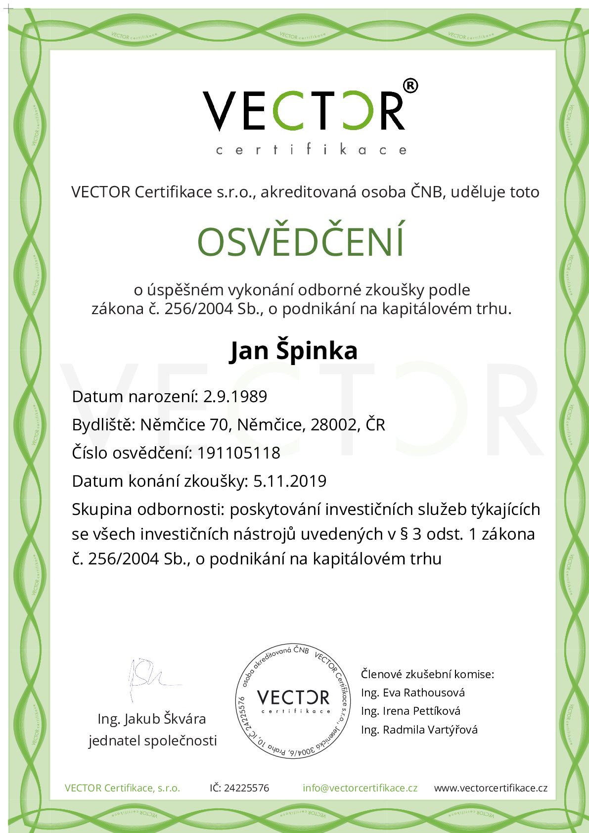 Osvědčení ze zkoušky: II. INV-ABC - Souhrnná zkouška pro všechny investiční nástroje