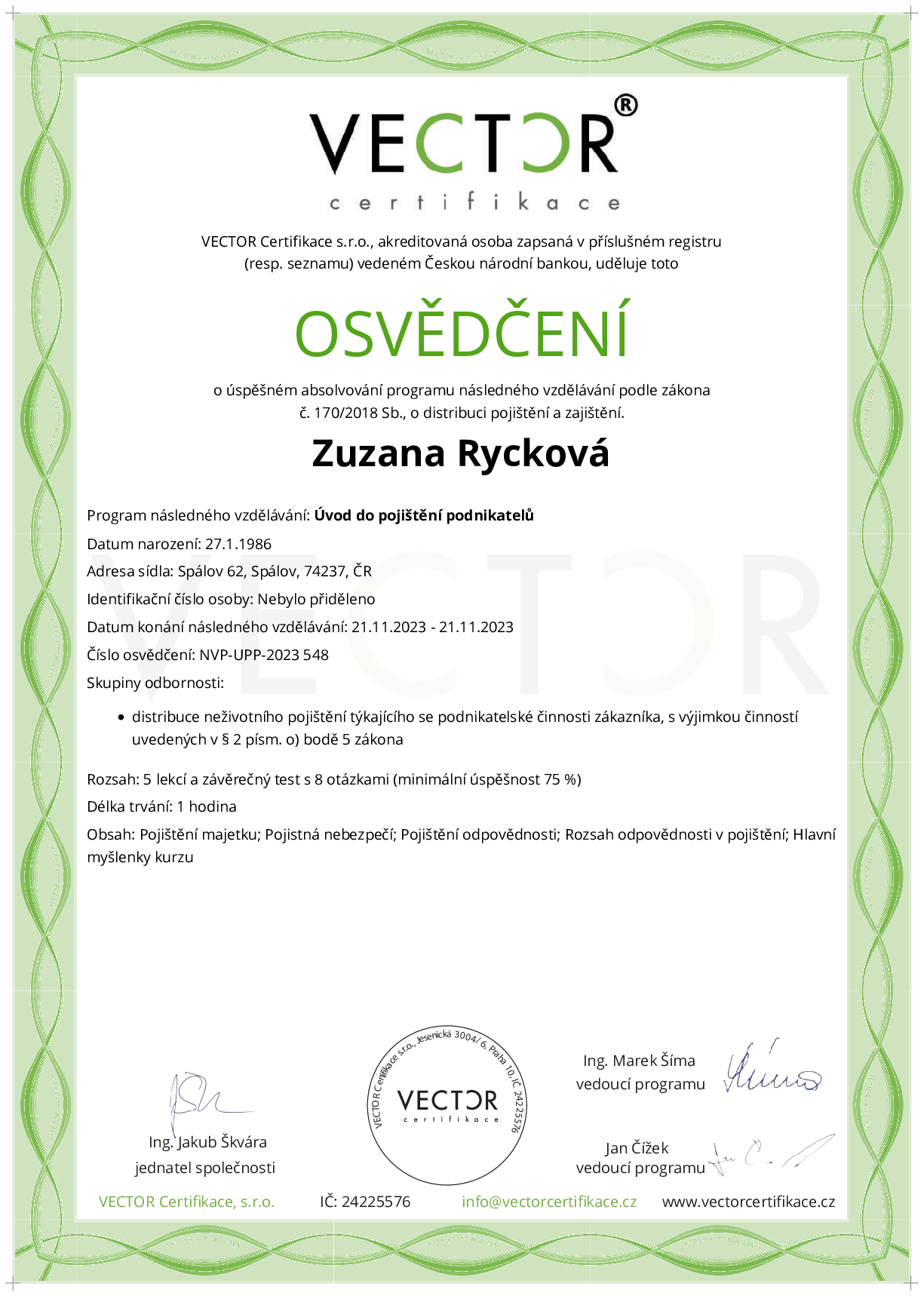 Osvědčení kurzu: Úvod do pojištění podnikatelů (NVP-UPP-2023)
