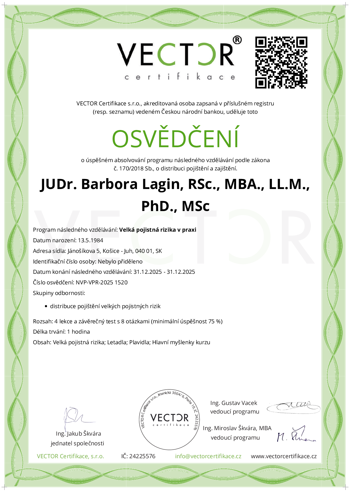 Osvědčení kurzu: Velká pojistná rizika v praxi (NVP-VPR-2025)