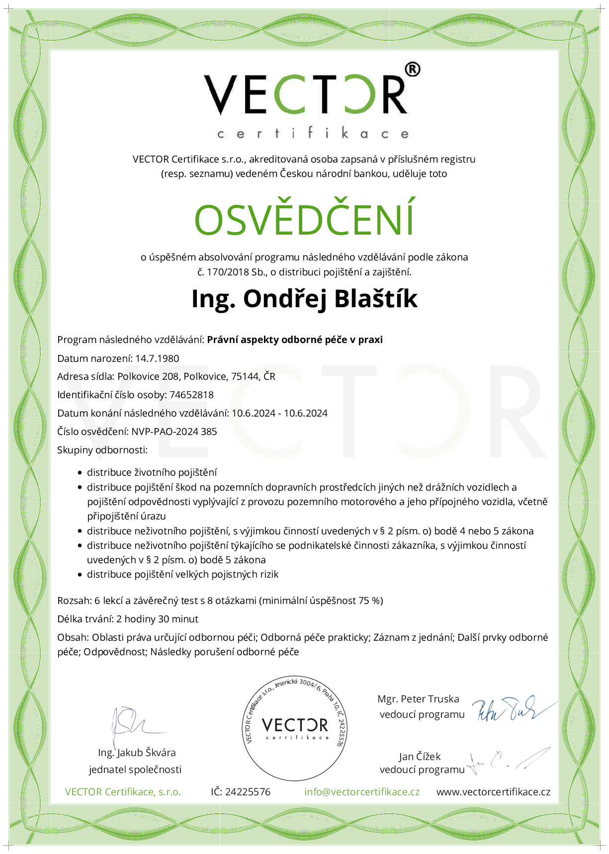 Osvědčení kurzu: Právní aspekty odborné péče v praxi (NVP-PAO-2024)