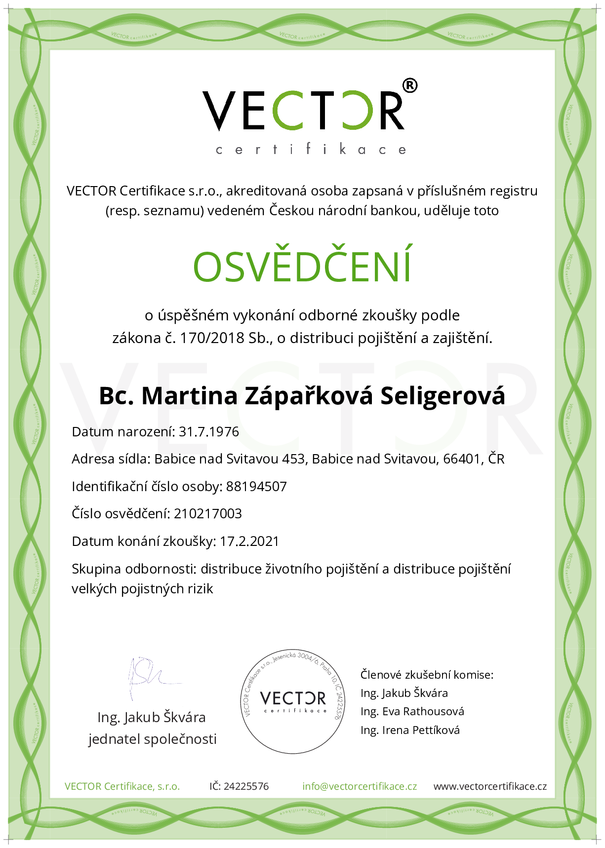 Osvědčení ze zkoušky: IX. POJ-ABC - Souhrnná zkouška na pojištění