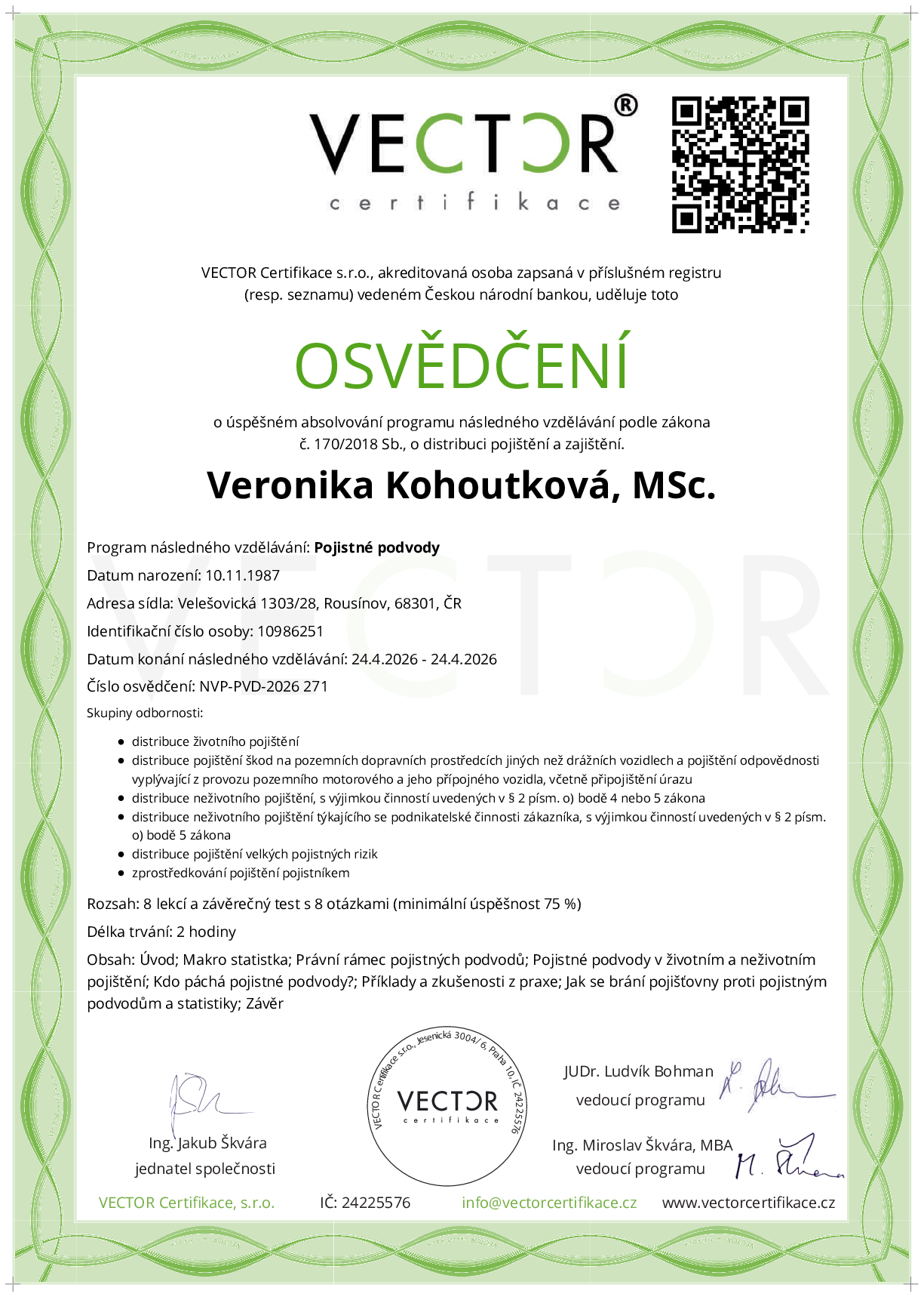 Osvědčení kurzu: Pojistné podvody (NVP-PVD-2026)