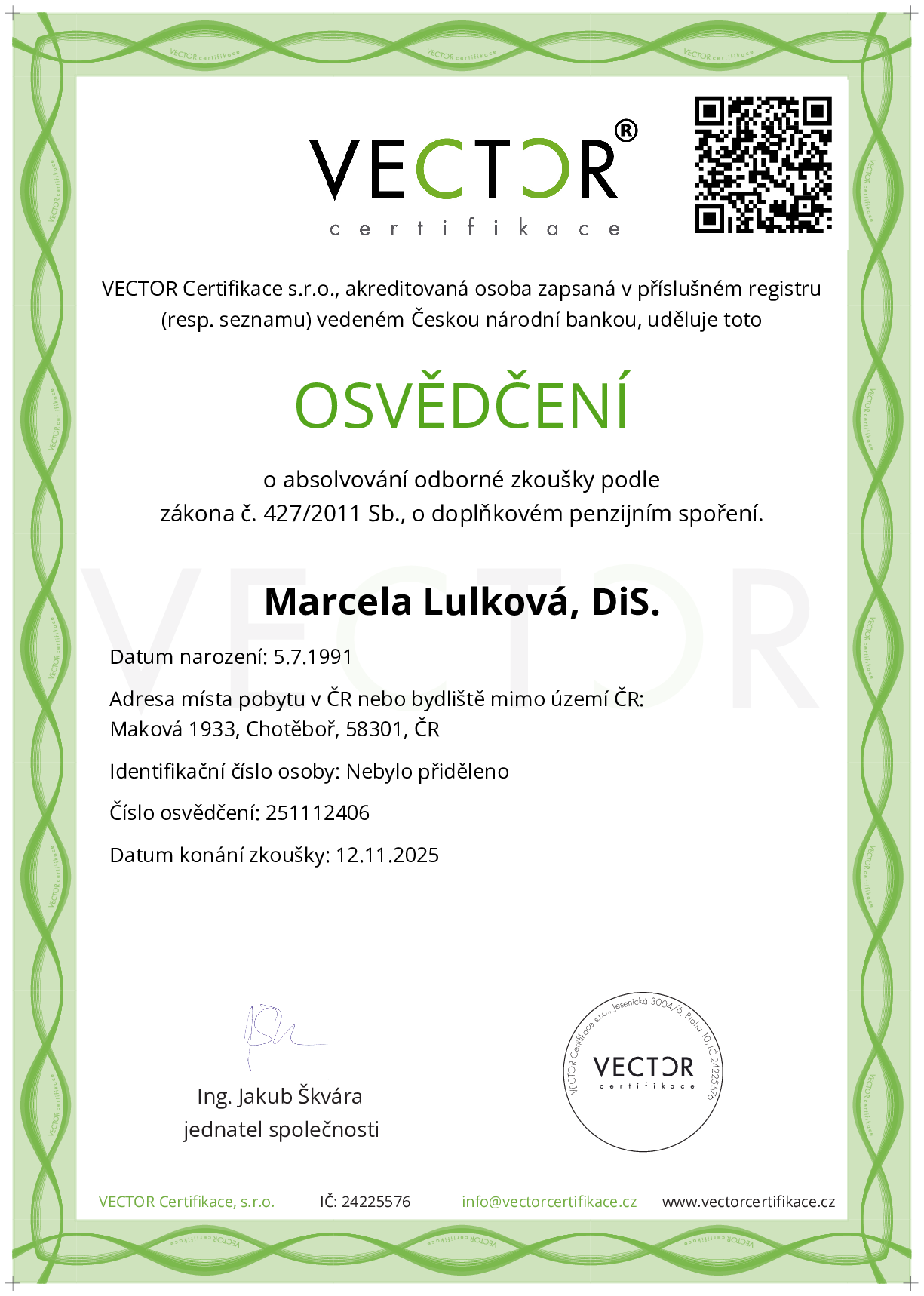 Osvědčení ze zkoušky: DPS - Doplňkové penzijní spoření