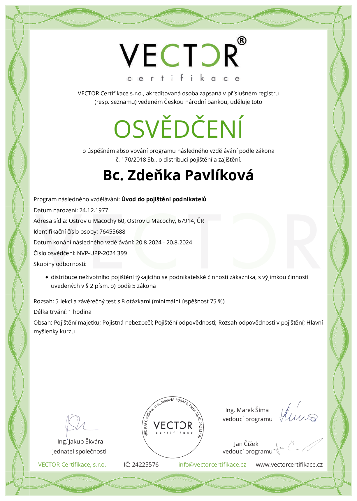 Osvědčení kurzu: Úvod do pojištění podnikatelů (NVP-UPP-2024)