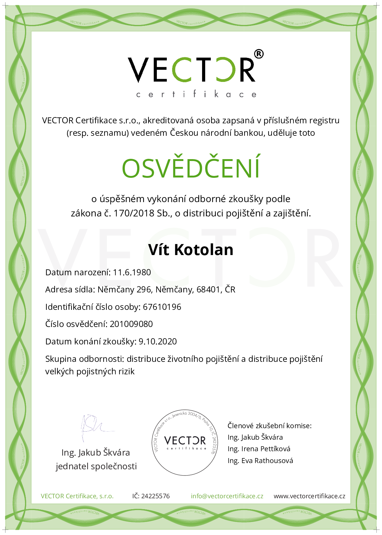 Osvědčení ze zkoušky: IX. POJ-ABC - Souhrnná zkouška na pojištění