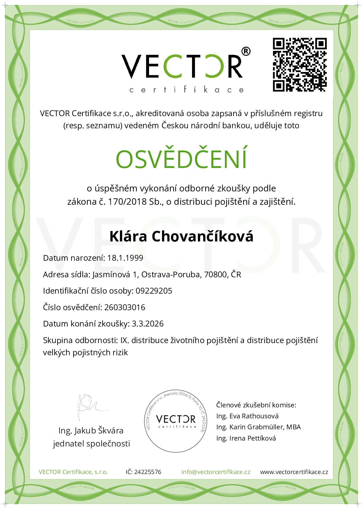 Osvědčení ze zkoušky: IX. POJ-ABC - Souhrnná zkouška na pojištění