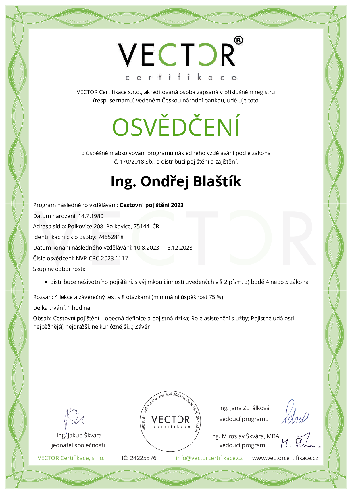 Osvědčení kurzu: Cestovní pojištění 2023 (NVP-CPC-2023)