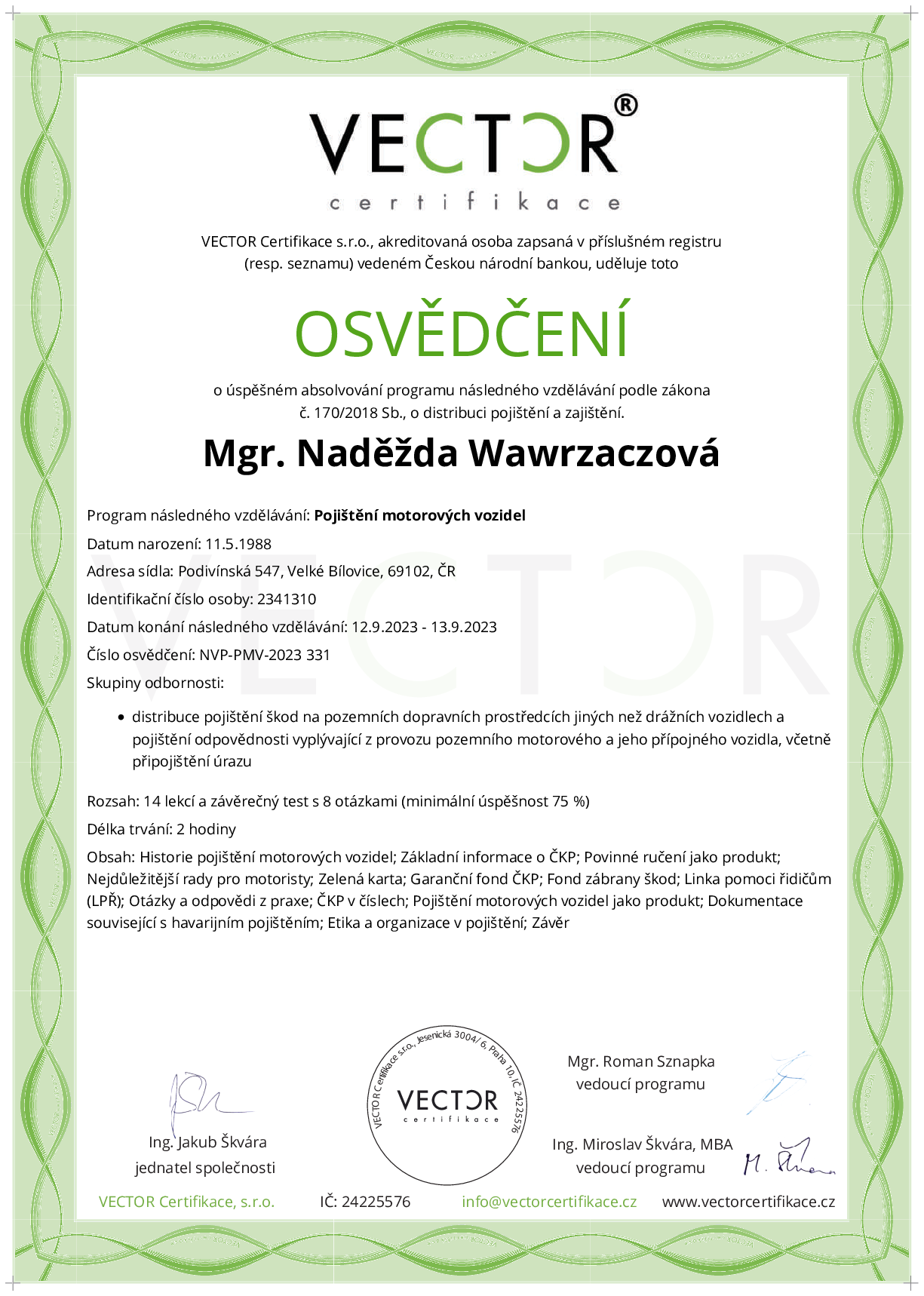 Osvědčení kurzu: Pojištění motorových vozidel (NVP-PMV-2023)