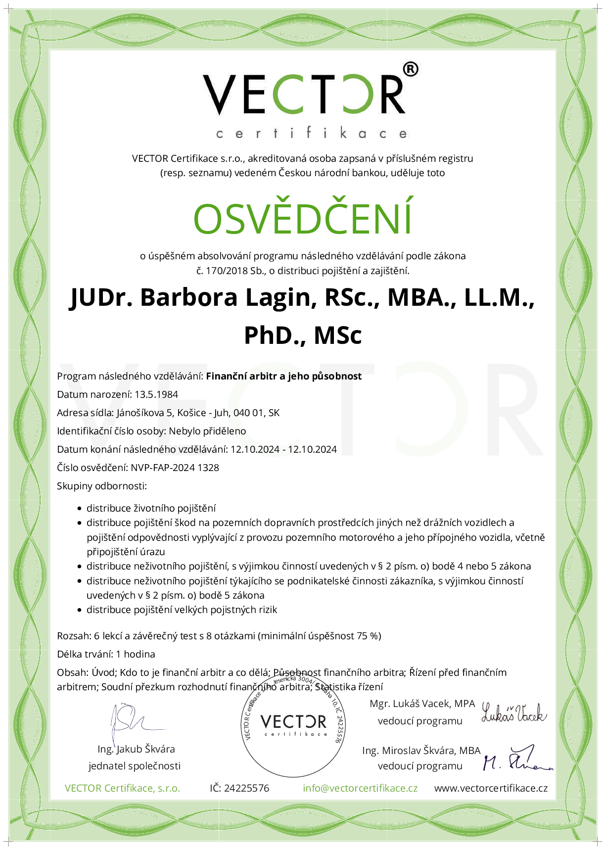 Osvědčení kurzu: Finanční arbitr a jeho působnost (NVP-FAP-2024)