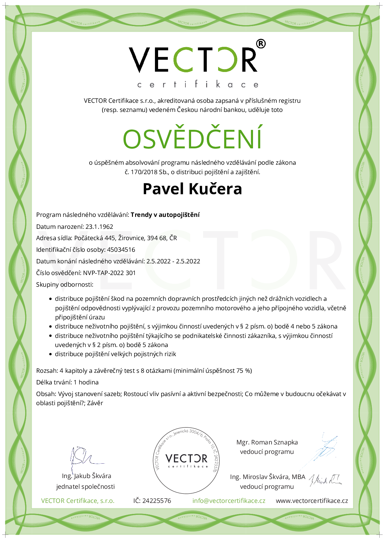 Osvědčení kurzu: Trendy v autopojištění (NVP-TAP-2022)