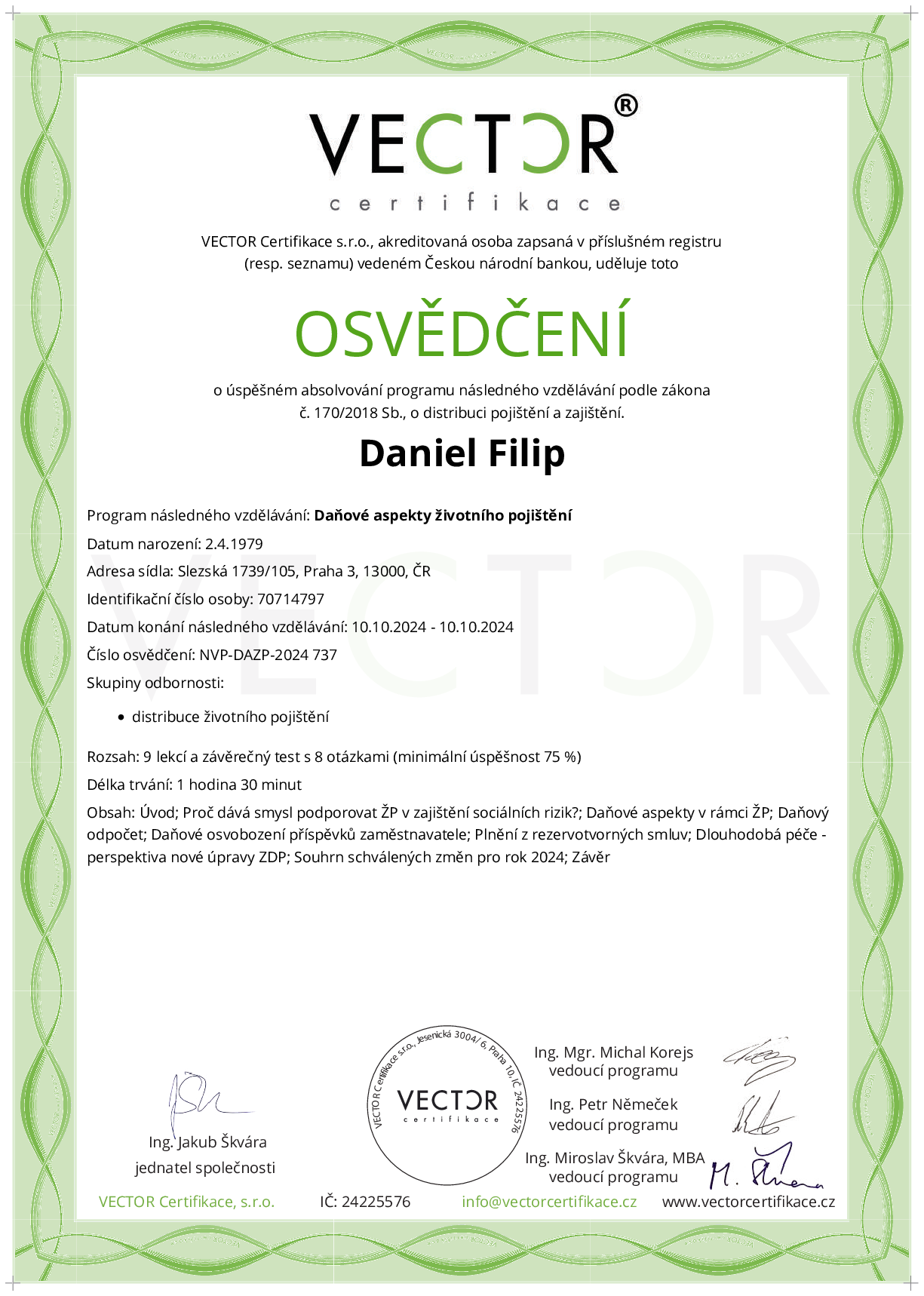 Osvědčení kurzu: Daňové aspekty životního pojištění (NVP-DAZP-2024)