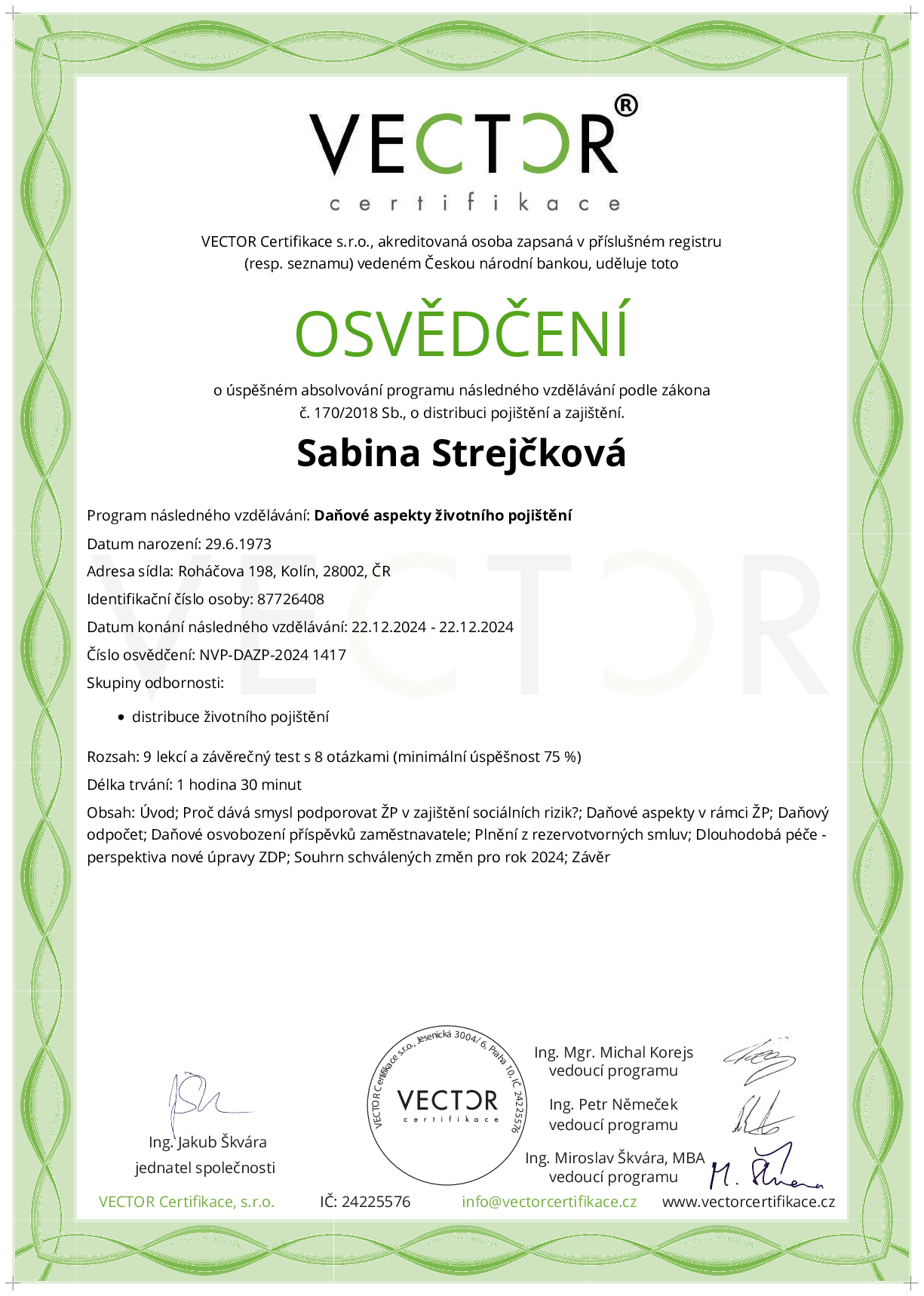 Osvědčení kurzu: Daňové aspekty životního pojištění (NVP-DAZP-2024)