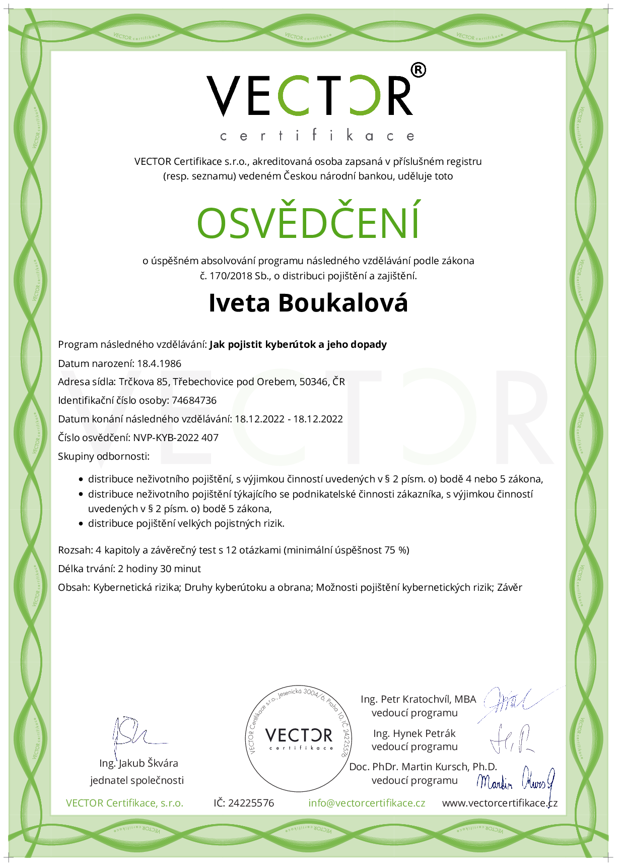 Osvědčení kurzu: Jak pojistit kyberútok a jeho dopady (NVP-KYB-2022)