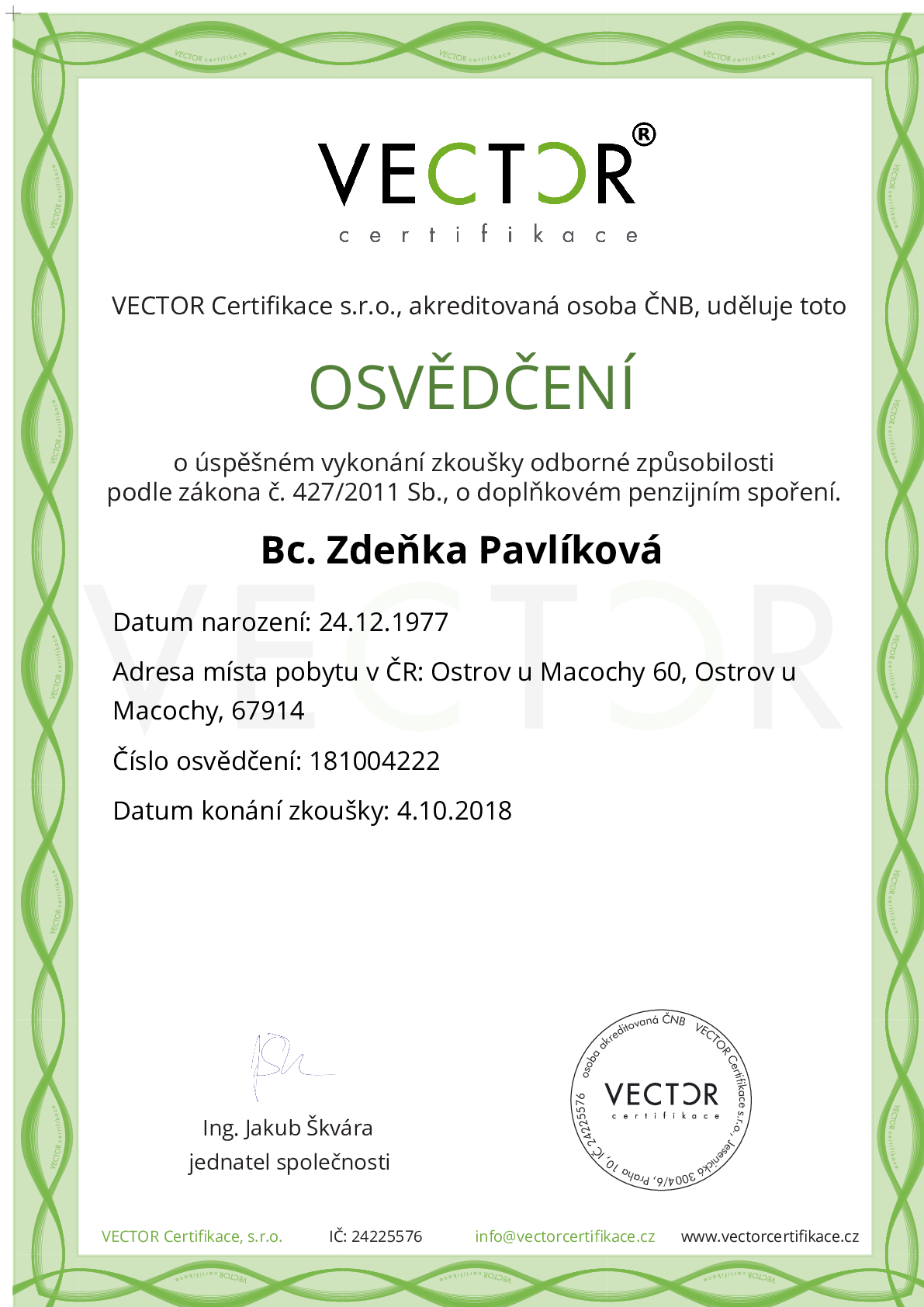 Osvědčení ze zkoušky: DPS - Doplňkové penzijní spoření