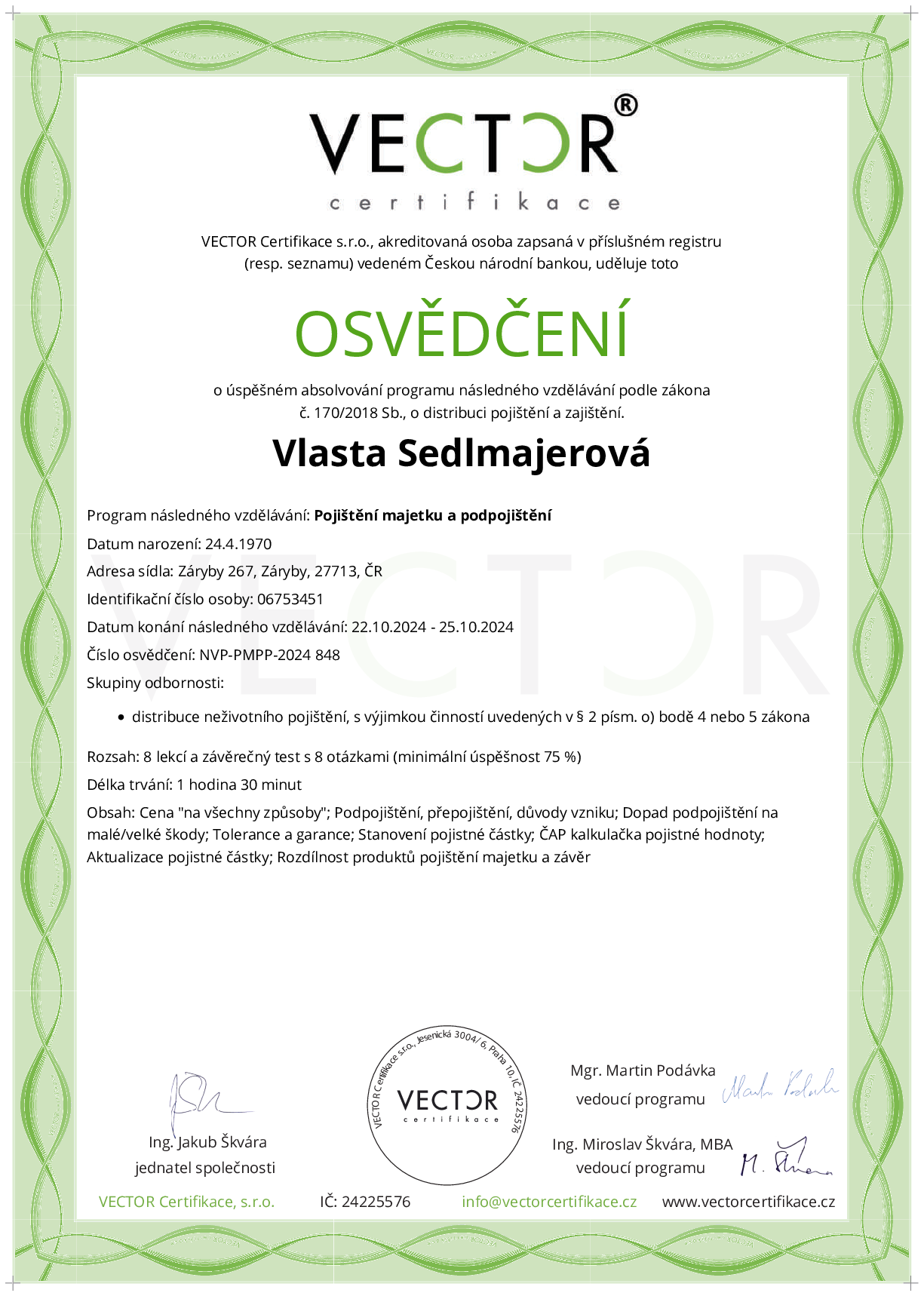 Osvědčení kurzu: Pojištění majetku a podpojištění (NVP-PMPP-2024)