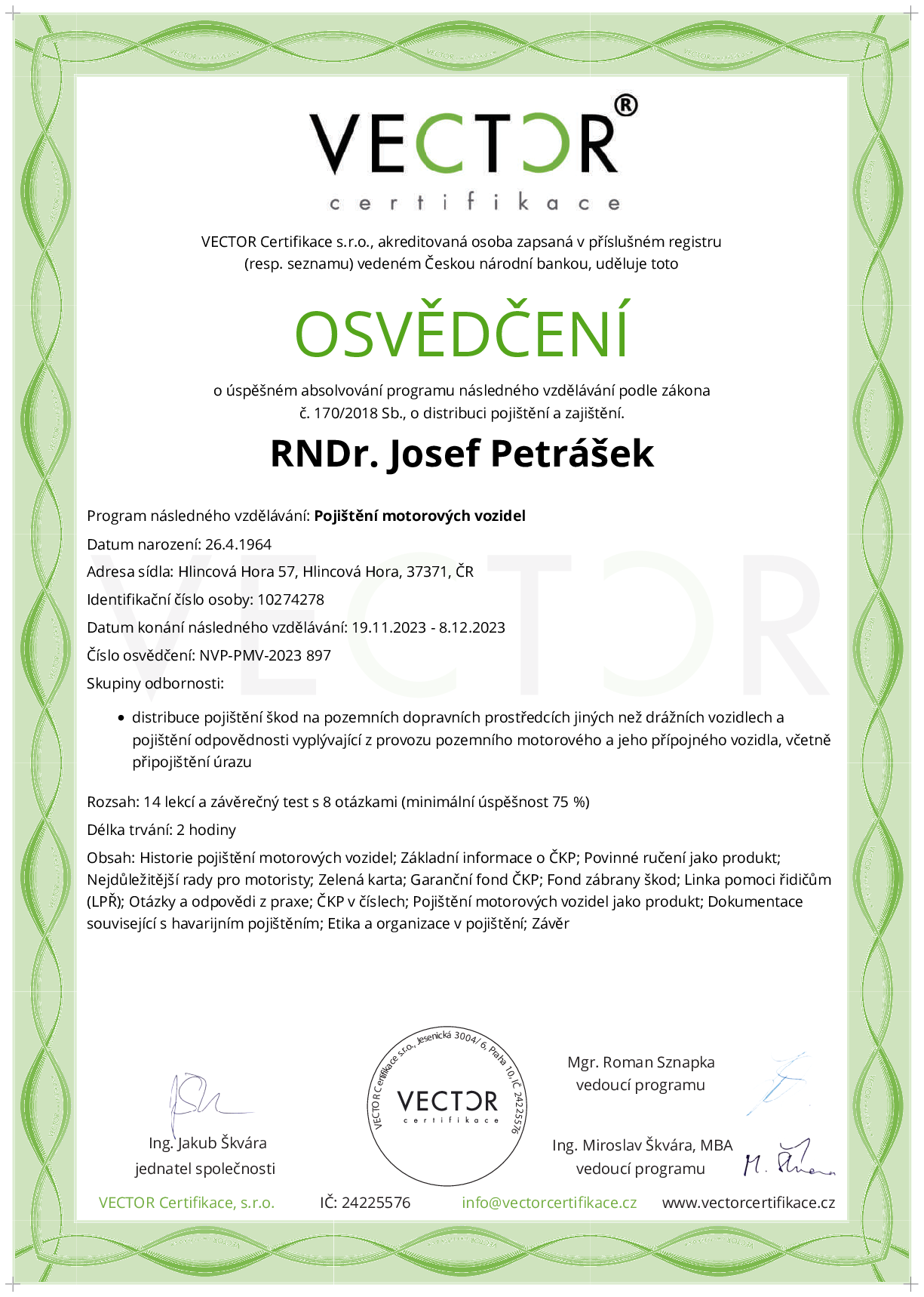 Osvědčení kurzu: Pojištění motorových vozidel (NVP-PMV-2023)