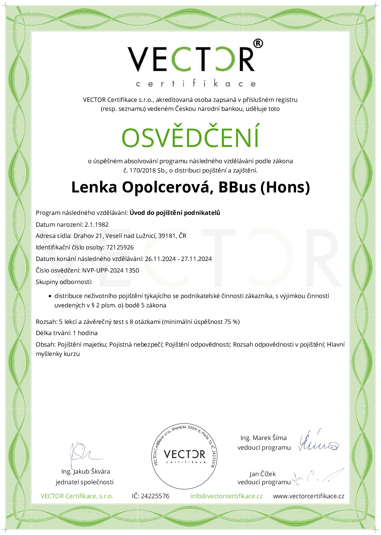 Osvědčení kurzu: Úvod do pojištění podnikatelů (NVP-UPP-2024)